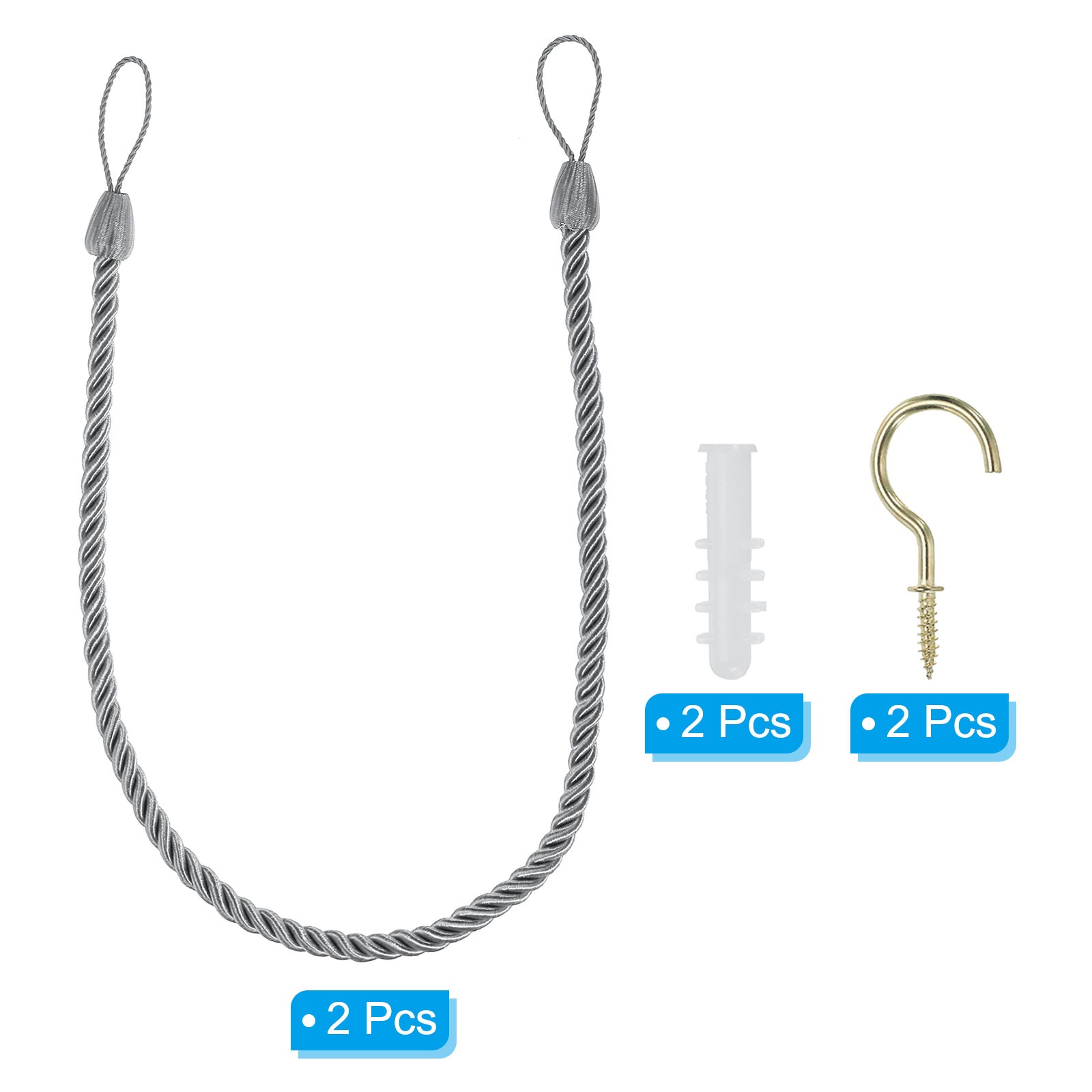 2 Pack Curtain Tiebacks Ropes Decorative Tie Backs Braided Curtain Silver Gray
