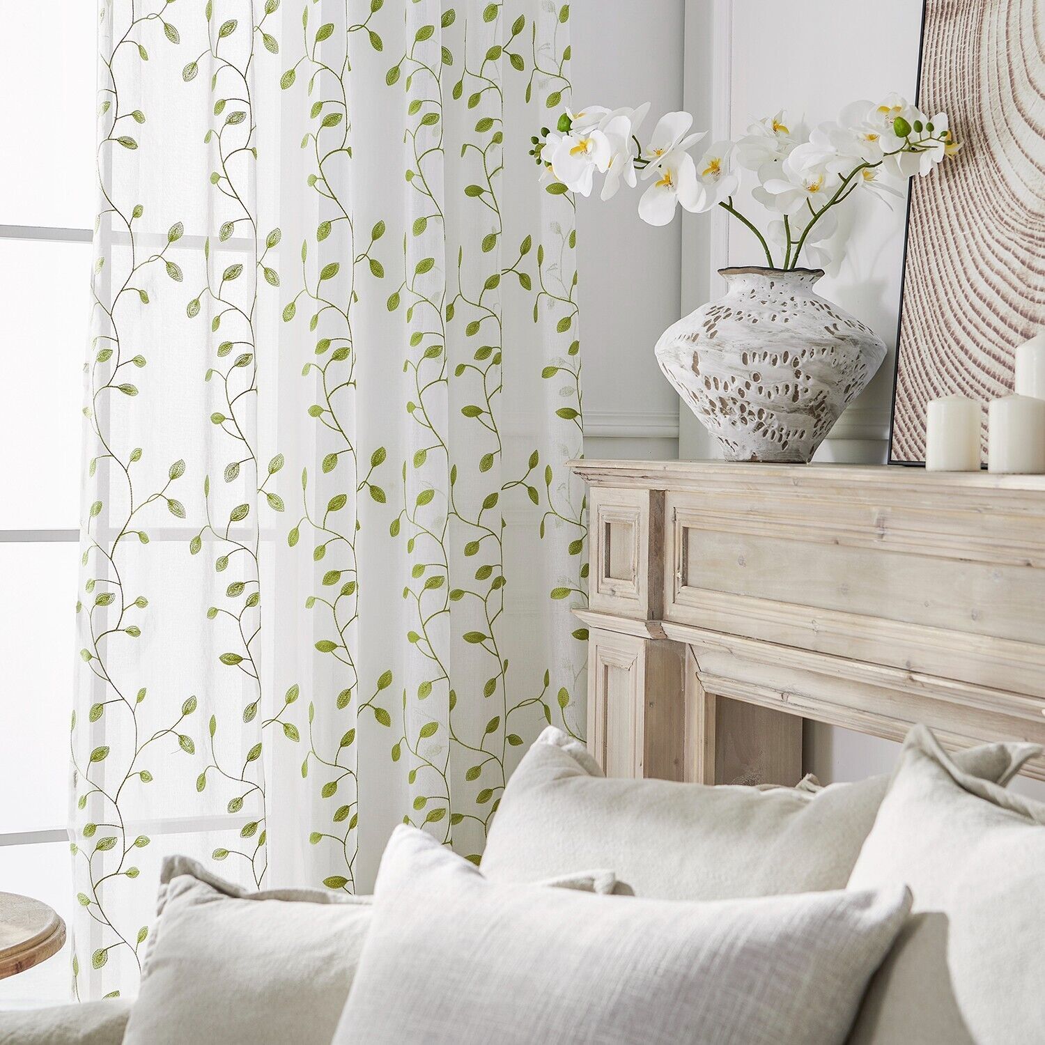 2 Panels Embroidered Leaves Semi Sheer Voile Window Curtains Drapes Living Room