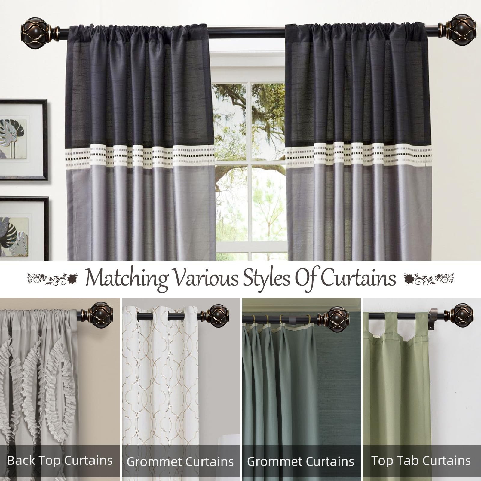 Bronze Curtain Rod for Windows 66 to 120 Inches(5.5-10ft), 1″ Diameter Heavy-…