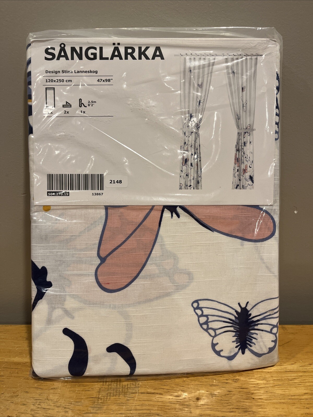 Ikea SANGLARKA Curtains w/ tie-backs, 1 pair, butterfly/white blue 47×98 ” – NEW