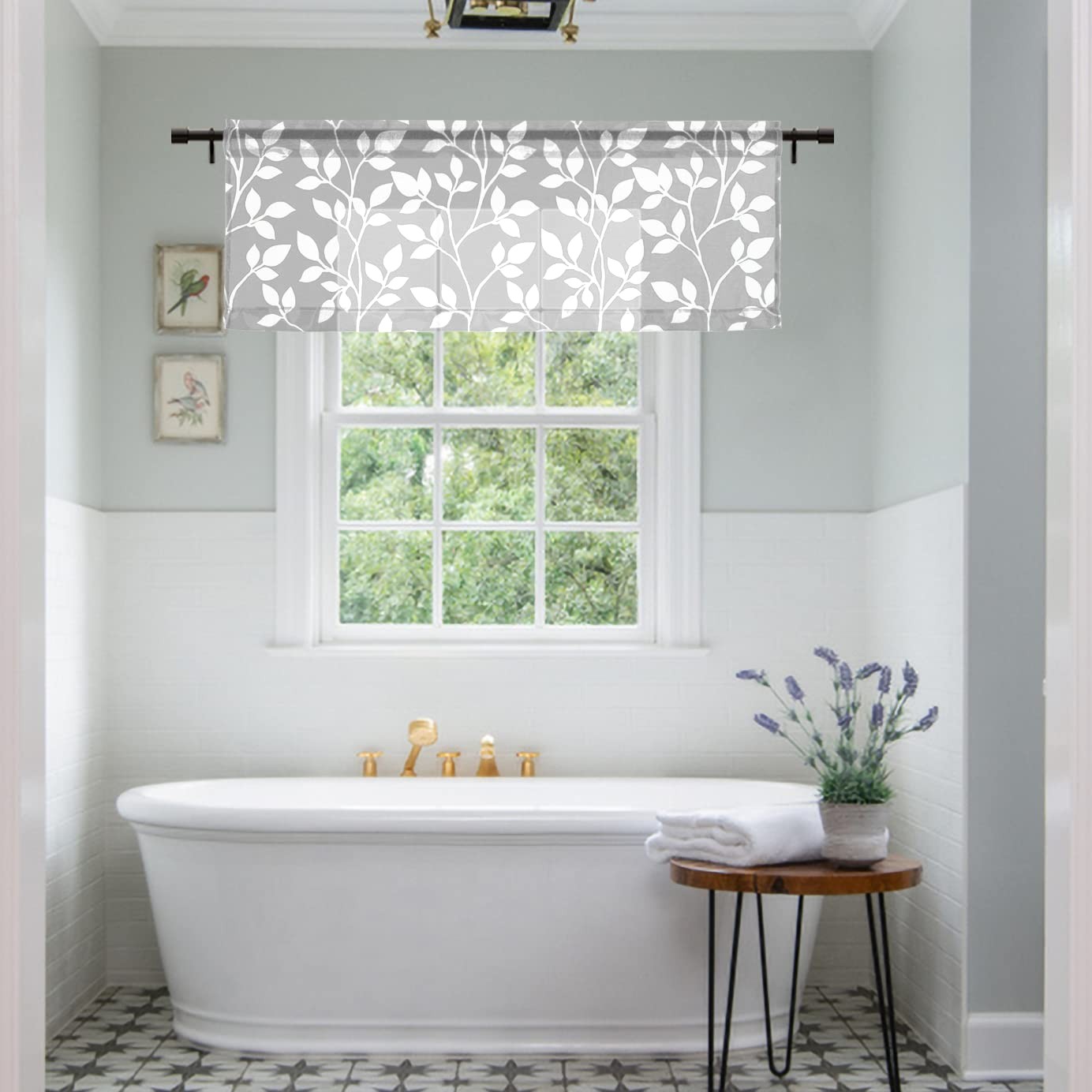 Sheer Valances for Kitchen Windows, Gray and White Leaf Spring Curtain Valenc…