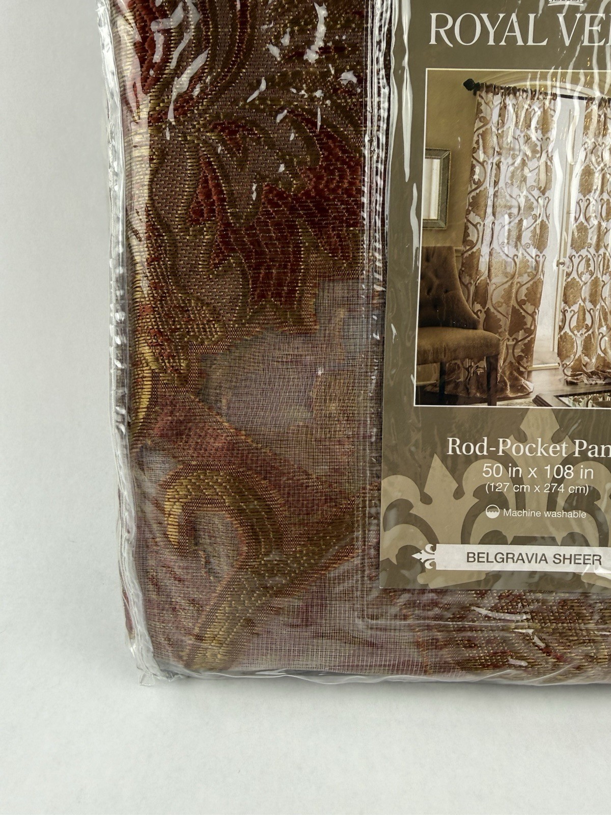 Royal Velvet Belgravia Sheer Rod Pocket Panel Claret Motif 50” X 108” Single NIP