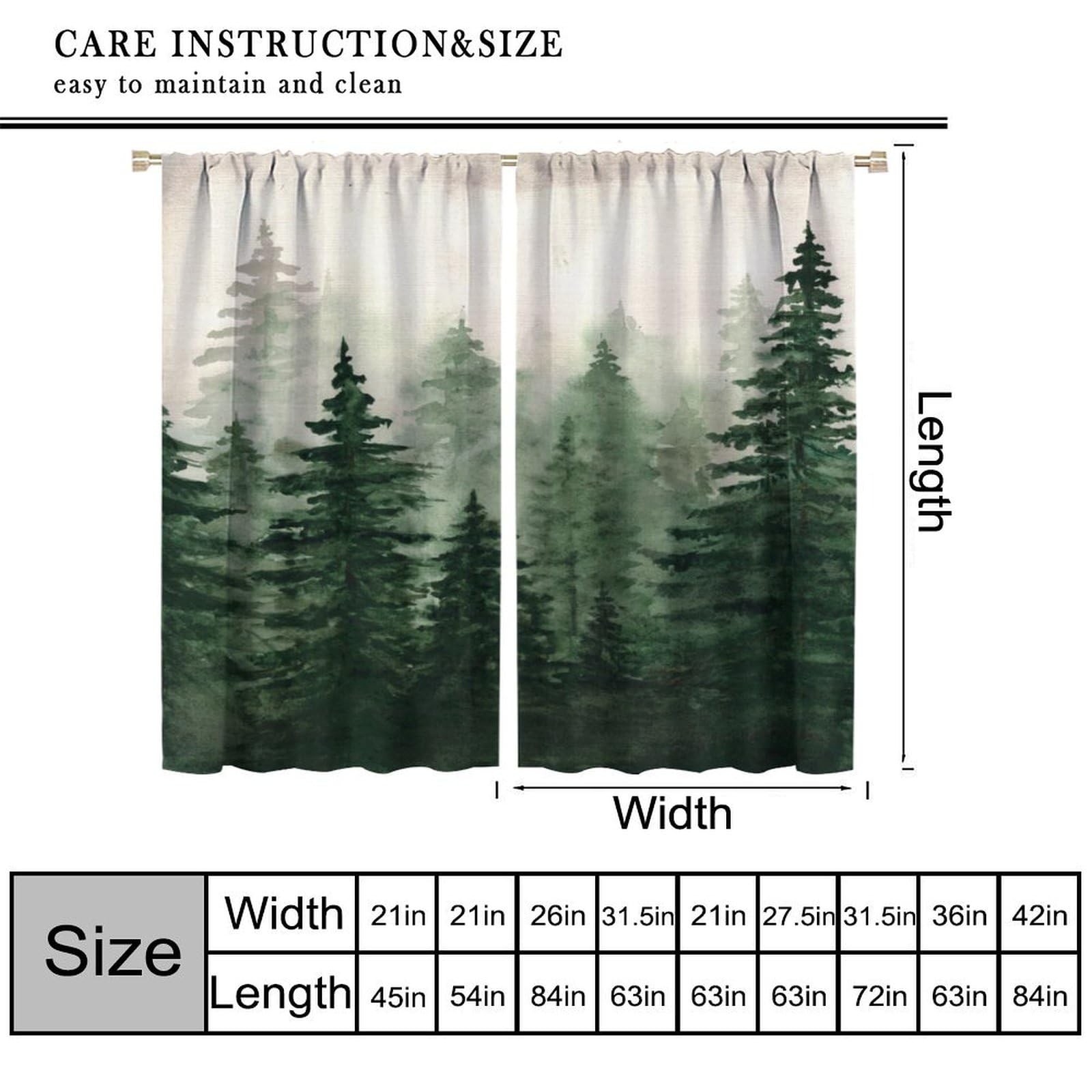 Forest Curtains for Kitchen,Vintage Rustic Watercolor Green Misty Nature Fore…
