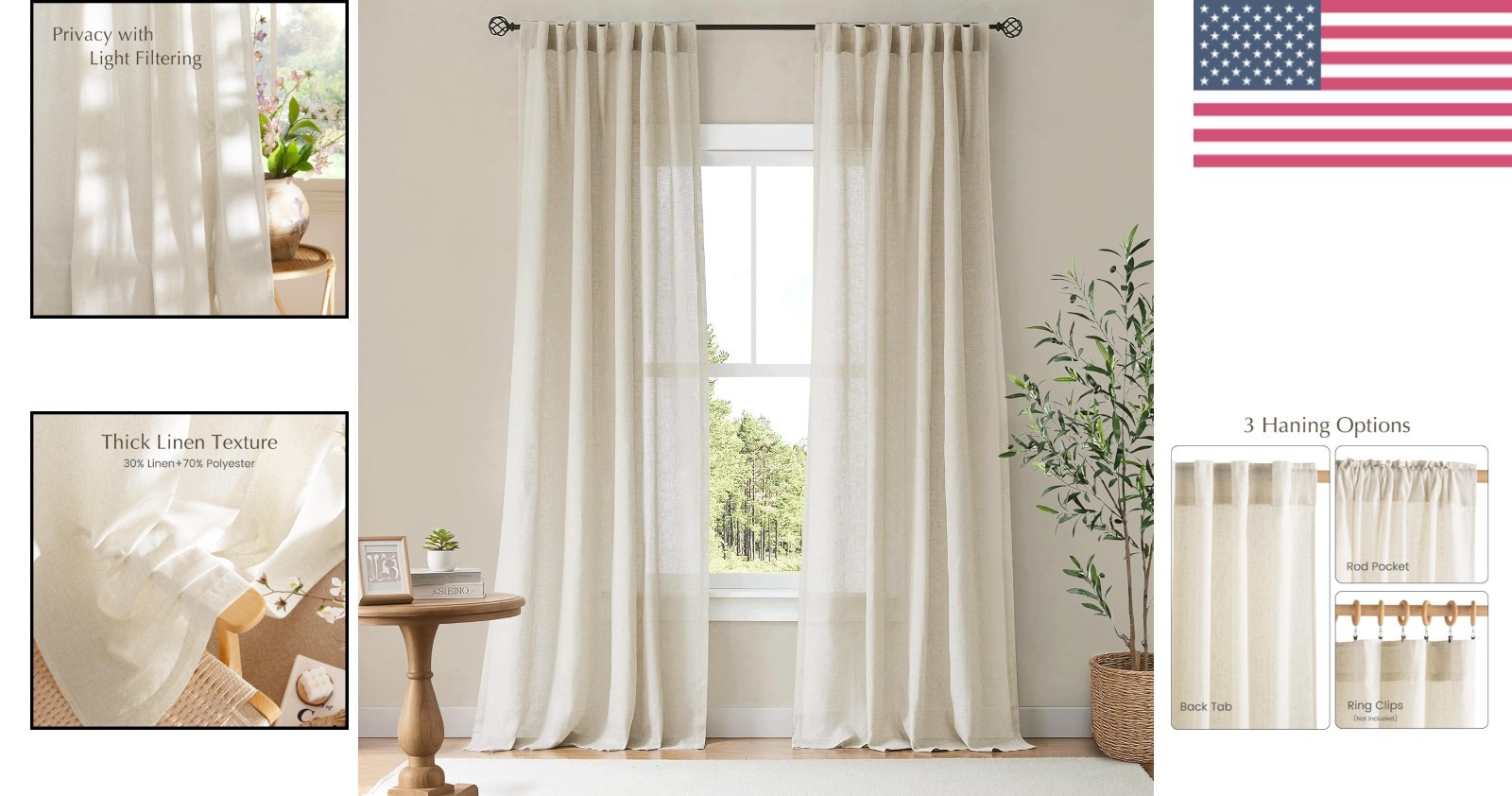 Stylish Natural Linen Window Panels – 55”x84” Light Filtering, Privacy Focus