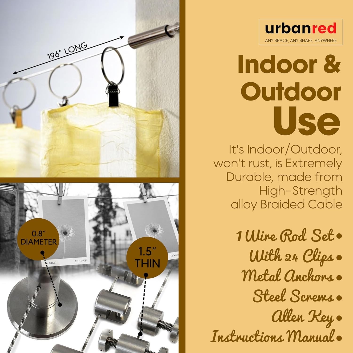 16.4ft Adjustable Indoor Outdoor Wire Curtain Rod Room Divider Hanging System