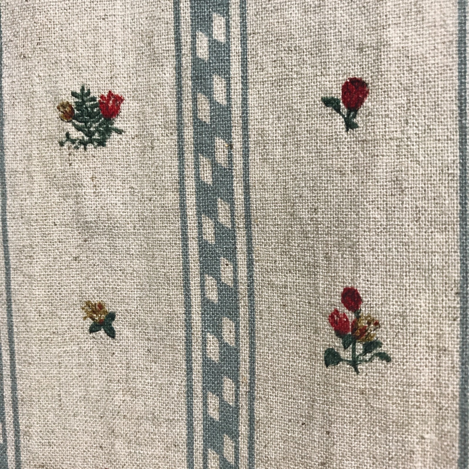 Modern Vintage Handmade Grayish Blue Vertical Stripes Tiny Floral Beige Curtain