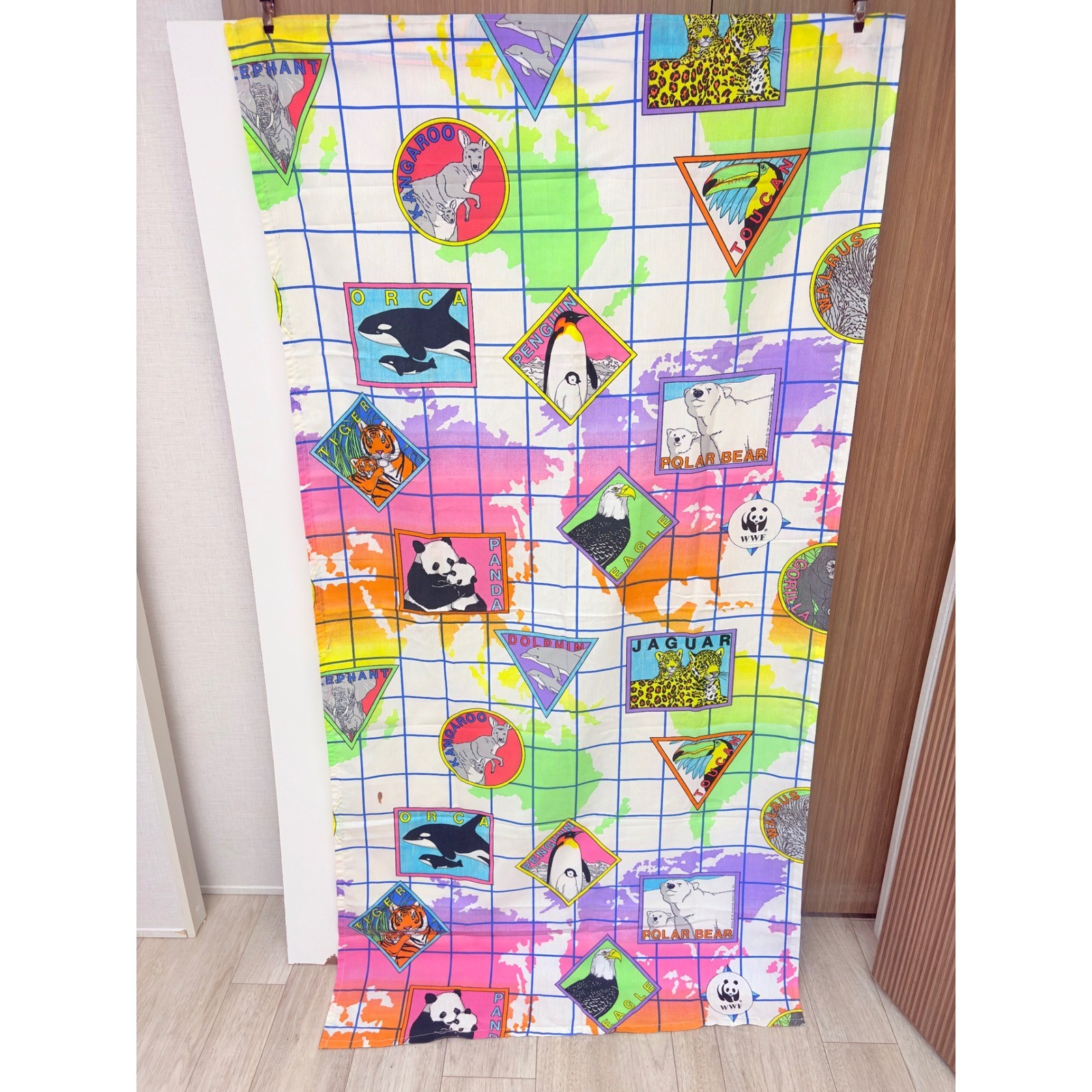 WWF Vintage 90s Rare Animal Map 4 panel Curtain Multi Color Retro Decor Wildlife