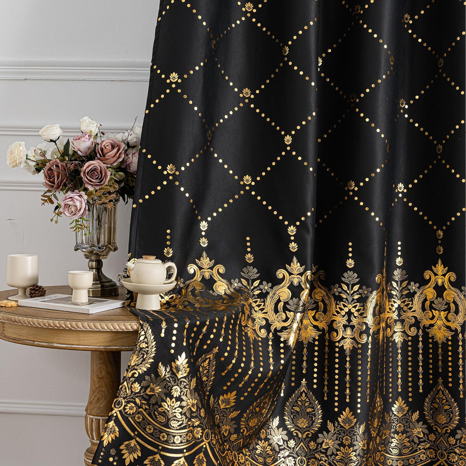 Blackout Window Curtains 52×84″ Black Gold Grommet Drapes – 2PCS Set