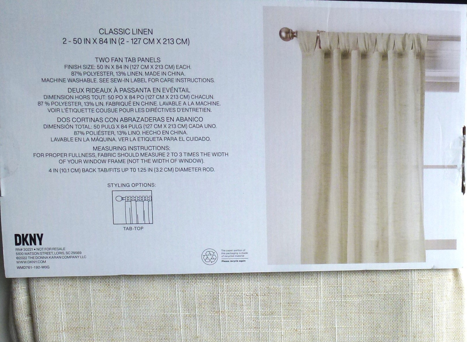 DKNY 2pc Classic Linen WINDOW CURTAIN PANELS Natural Beige Fan Tab 50″x 84″