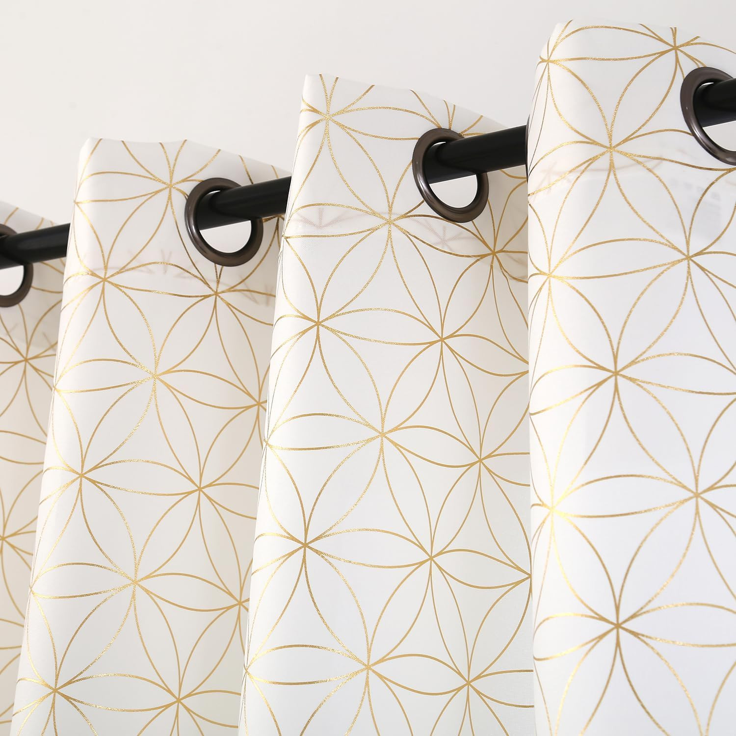 Exclusive Gold Linen Grommet Curtains, Unique Metallic Moroccan Tile Foil Print