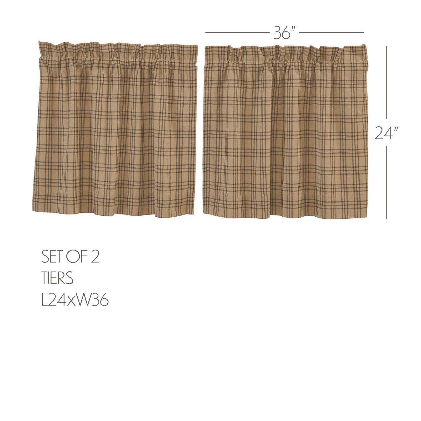Farmhouse 24″x36″ Plaid Tier Pair Tan Rod Kitchen Window Curtains VHC Brands