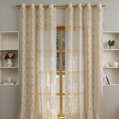 Scalloped Floral Lace Curtains- Vintage Semi 52″W x 96″L (Pack of 2) Beige