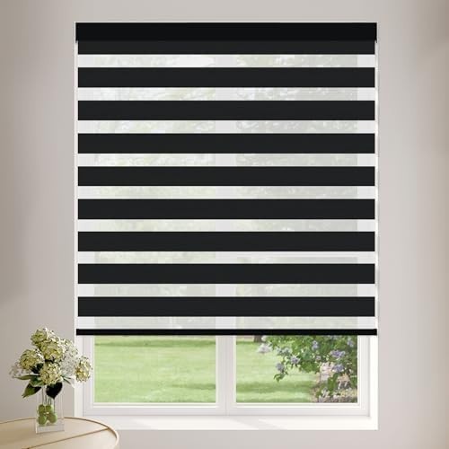 Cordless Zebra Blinds 22″ W x 72″ H Black Free-Stop Dual Layer Light Filtering