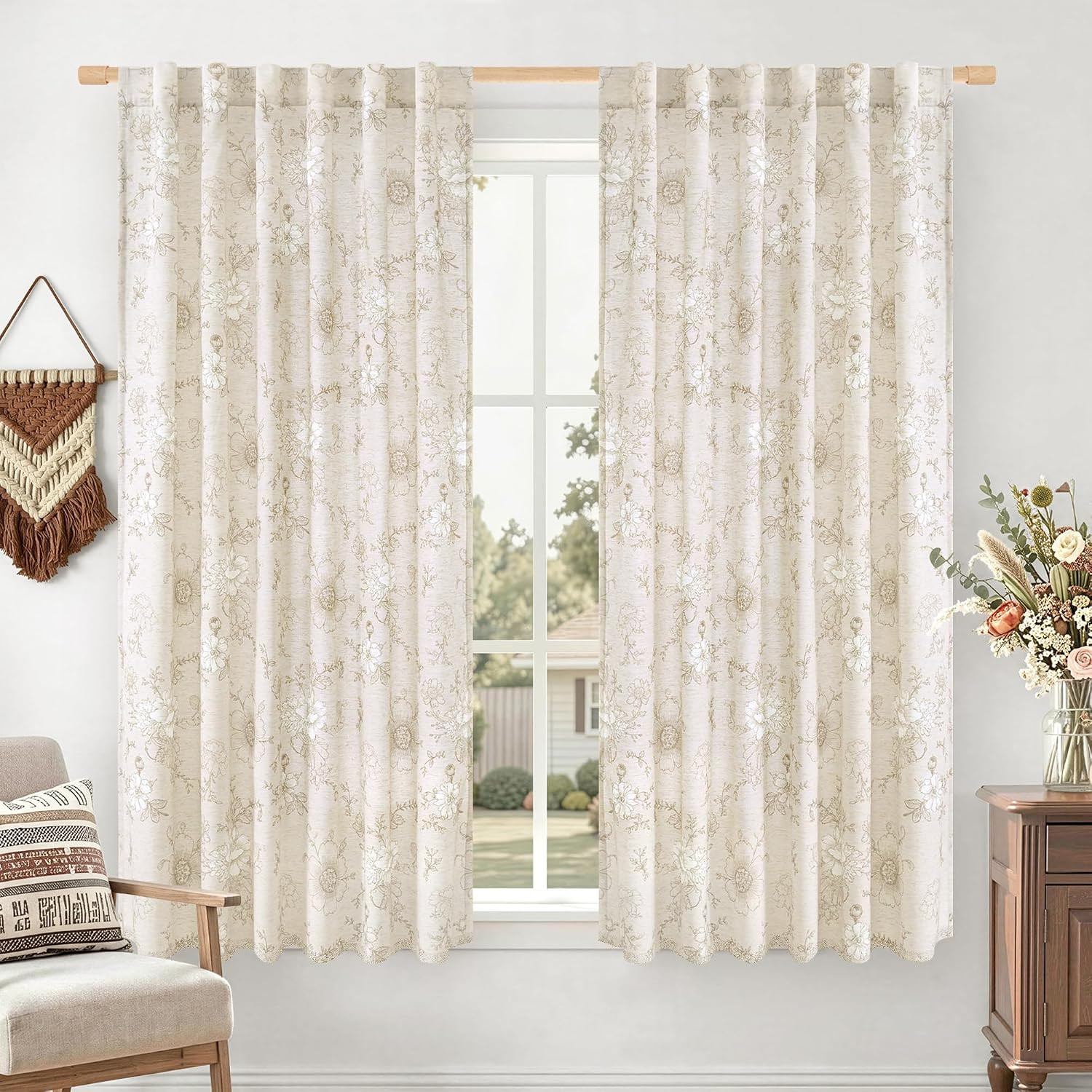 LAMIT Taupe Floral Linen Curtains 63 inch Length, Light Filtering Country Vintag