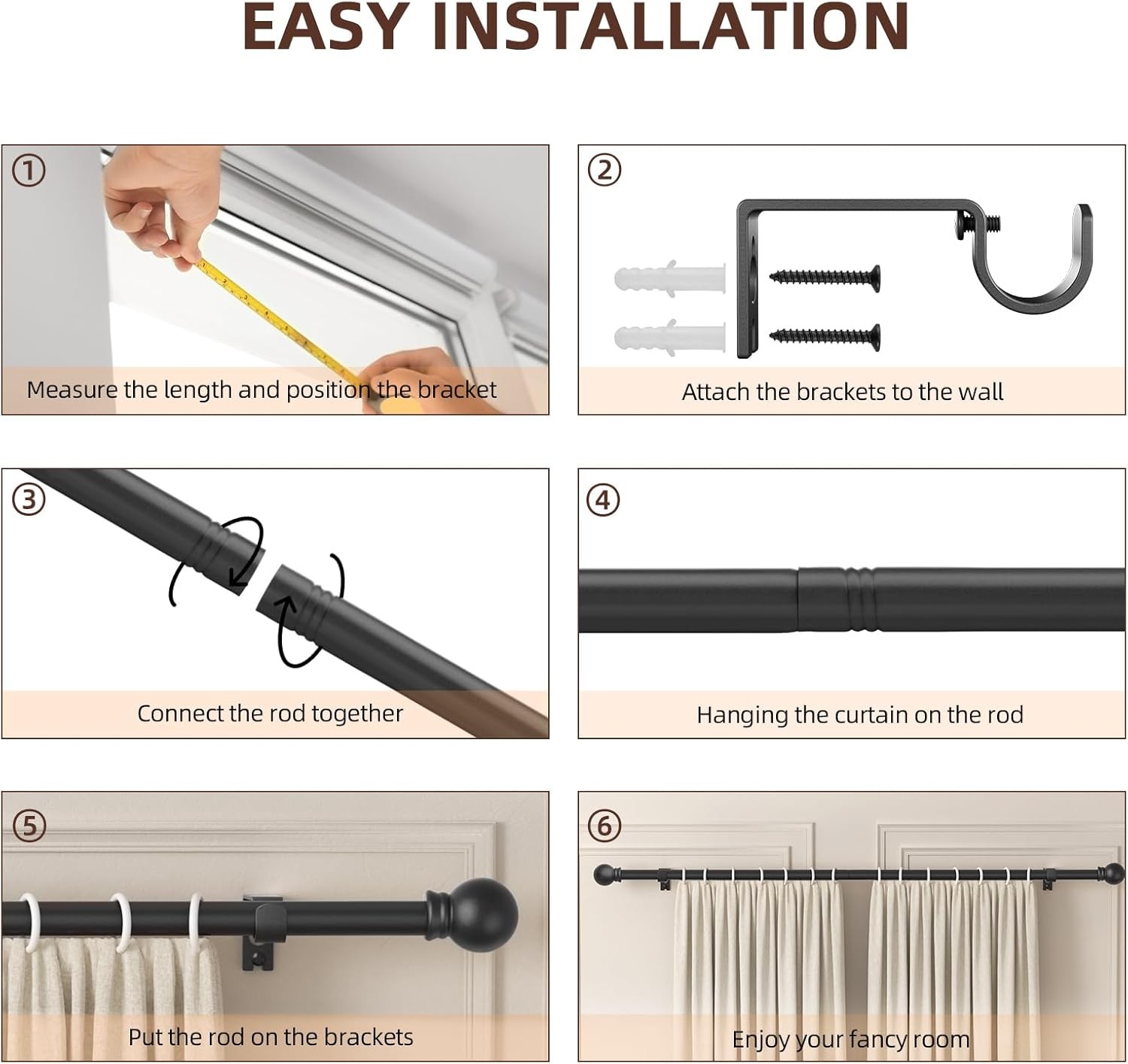 5/8 Inch Black Curtain Rod Set Heavy Duty Metal Non Telescoping for Windows