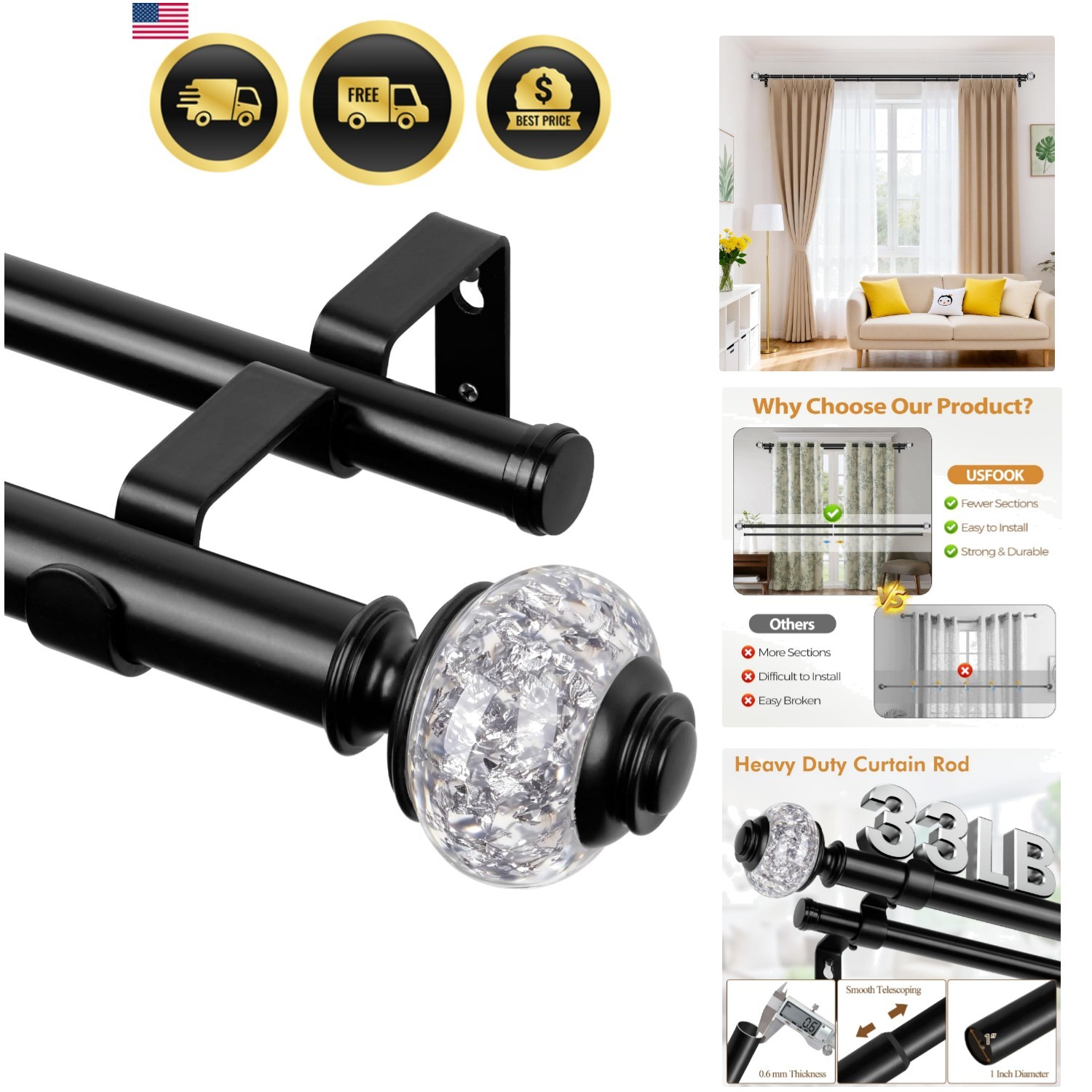 Double Curtain Rods Extendable 72-144 Inches for Living Room Bedroom Patio