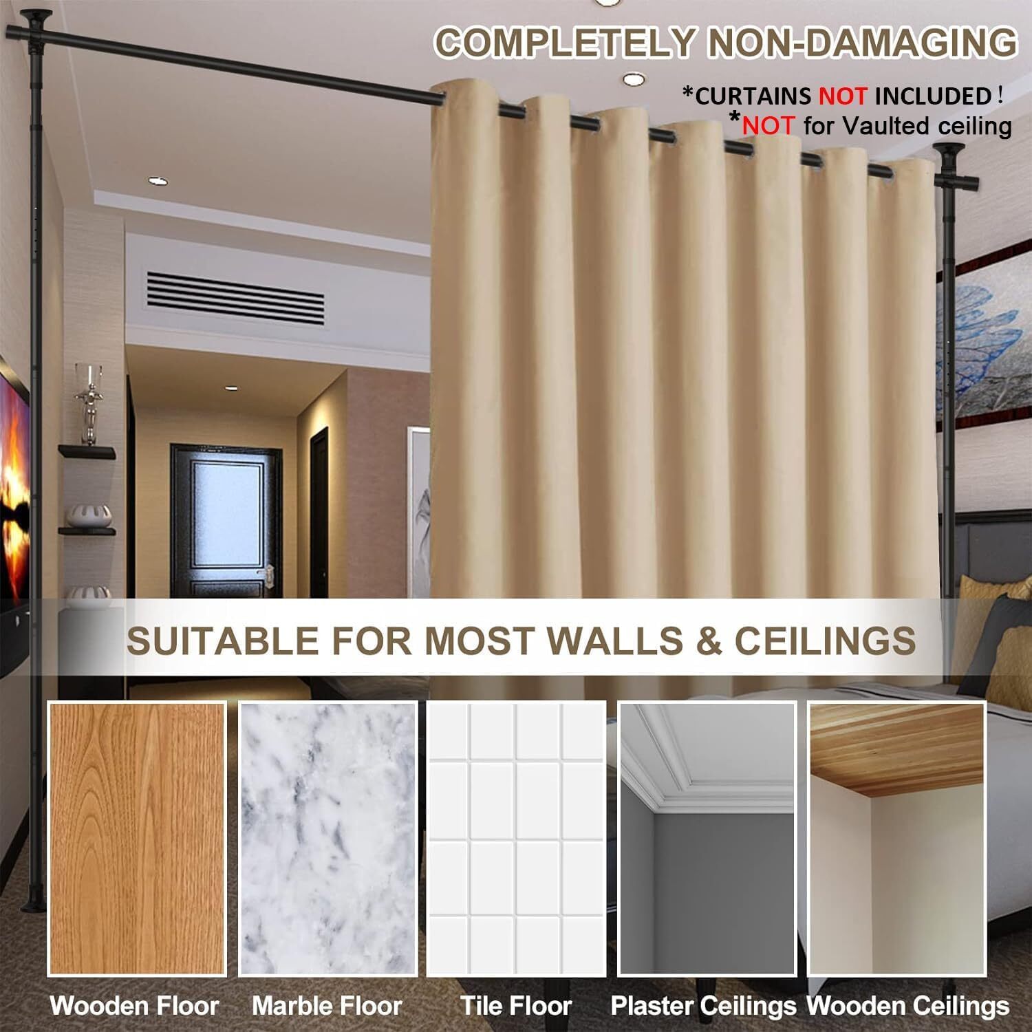 Room dividers, no-drill curtain rods wall dividers, privacy dividers window rods