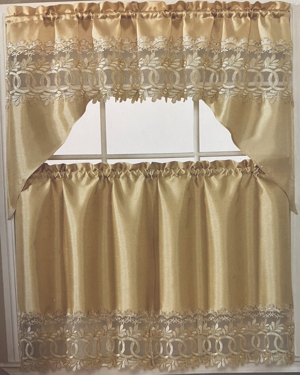 3PC SET WINDOW EMBROIDERY KITCHEN CURTAIN (GOLD ) 🔥FREE SHIPPING 🔥