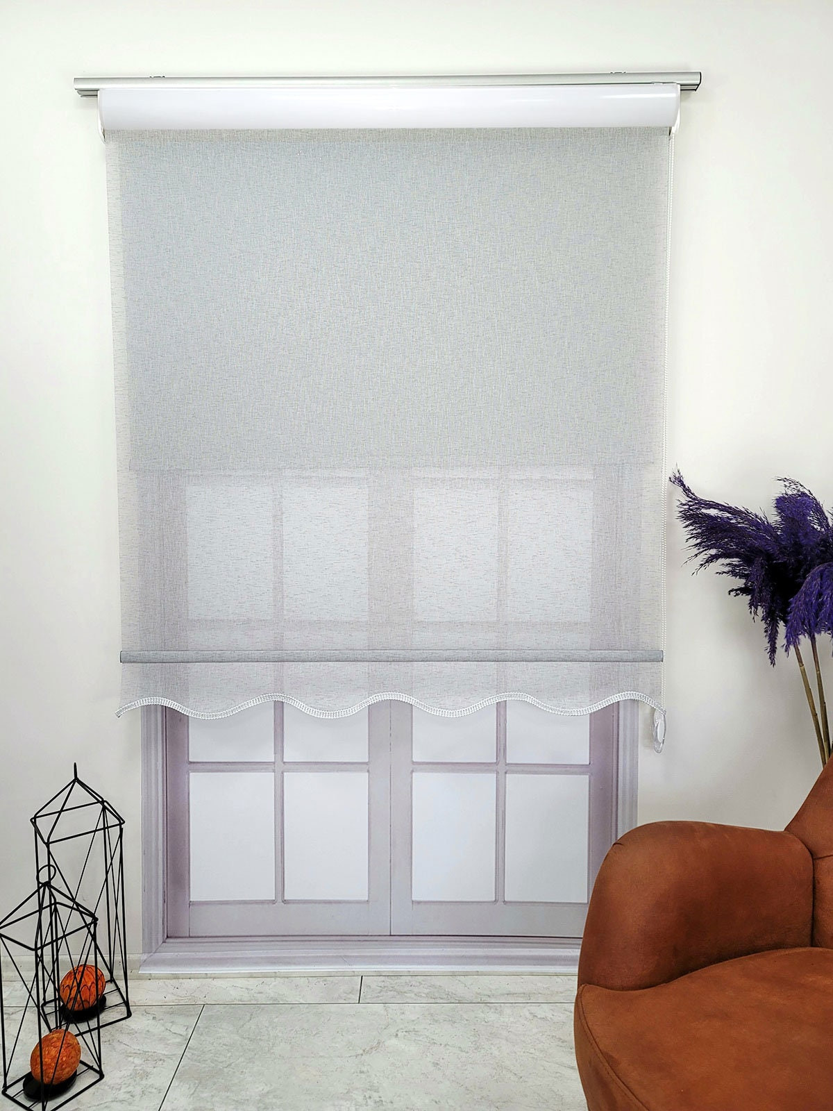Original Linen Fabric Double Mechanism Tulle and Roller Blinds Curtain, Color