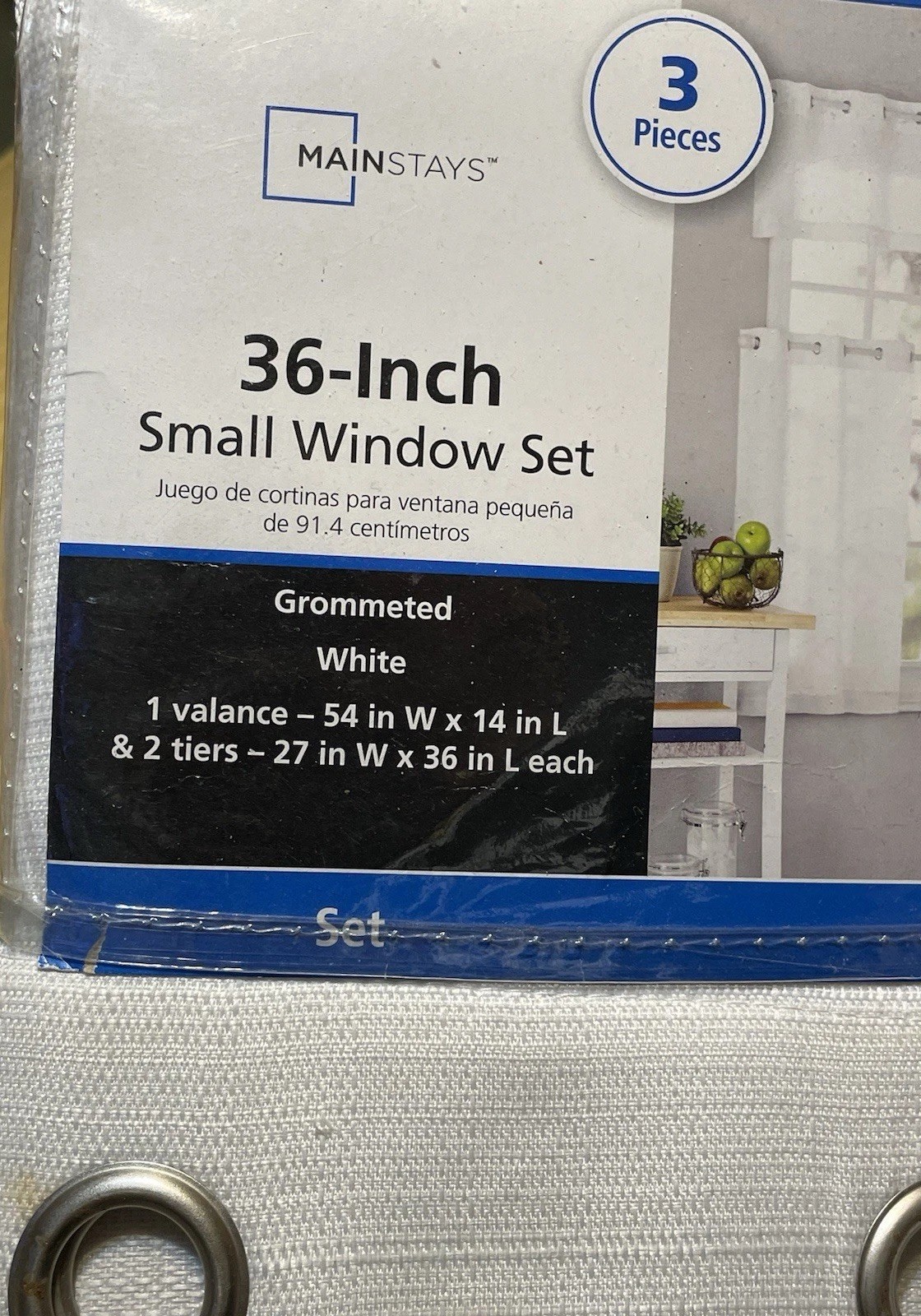 White Kitchen Valance & 2 Curtain Set 2 Pack 36” Fresh Grommeted Textured