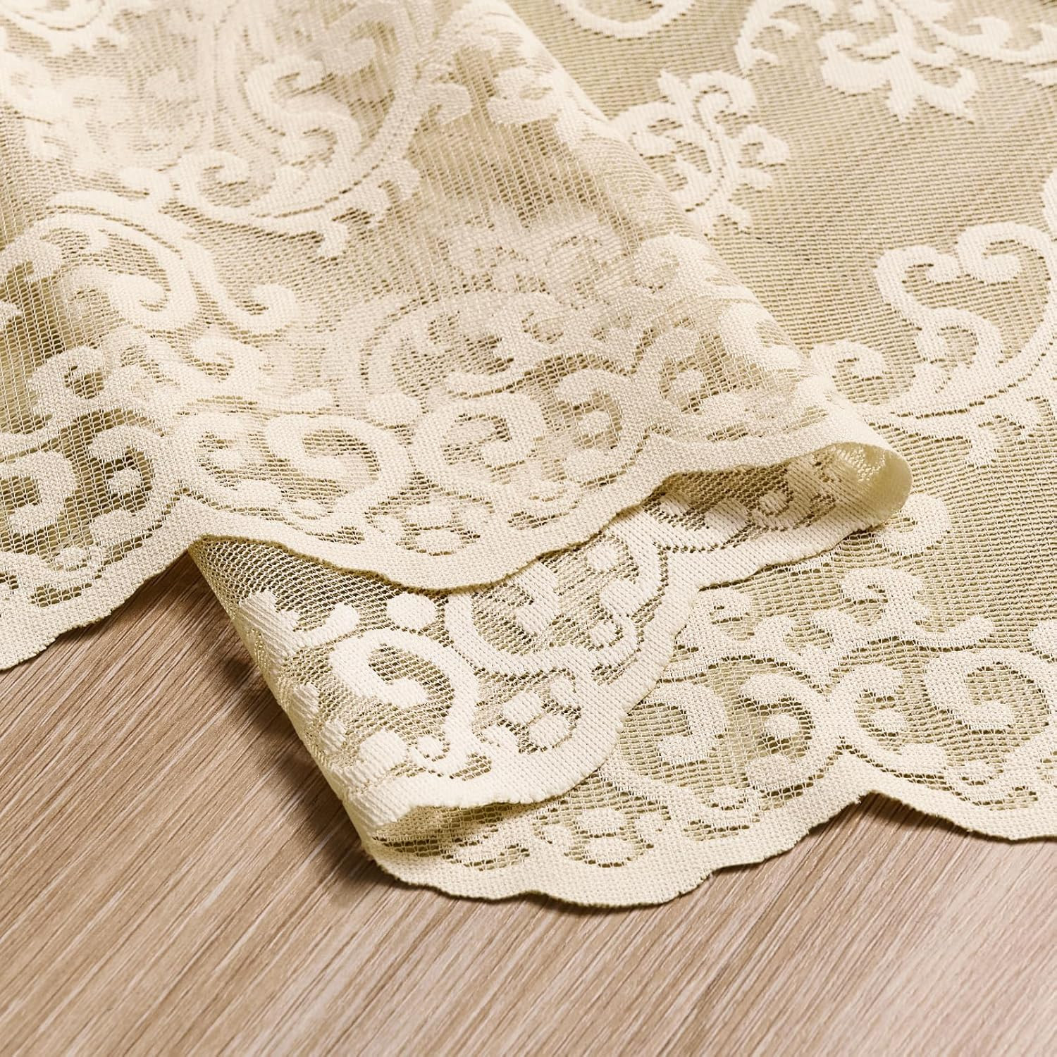 Beige Lace Curtains – 63 Inch Length, 2 Panels Set – Victorian Floral Sheer Curt