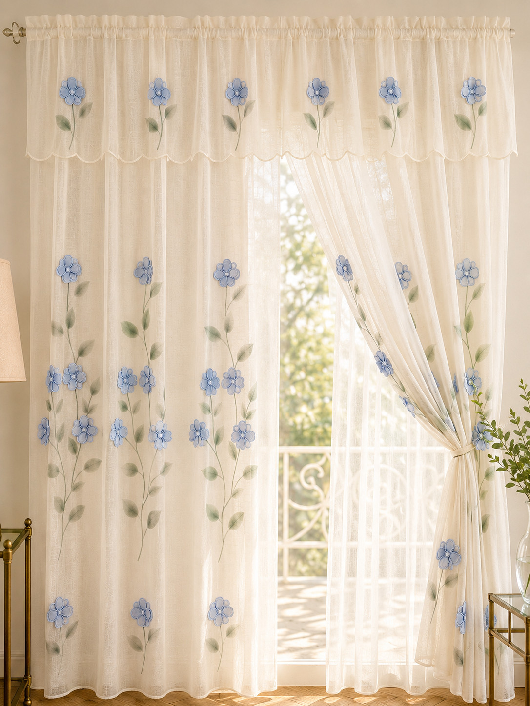 Vintage Ivory Floral Sheer Curtain Panel Double Layer Valance 60 in. x 84 in.