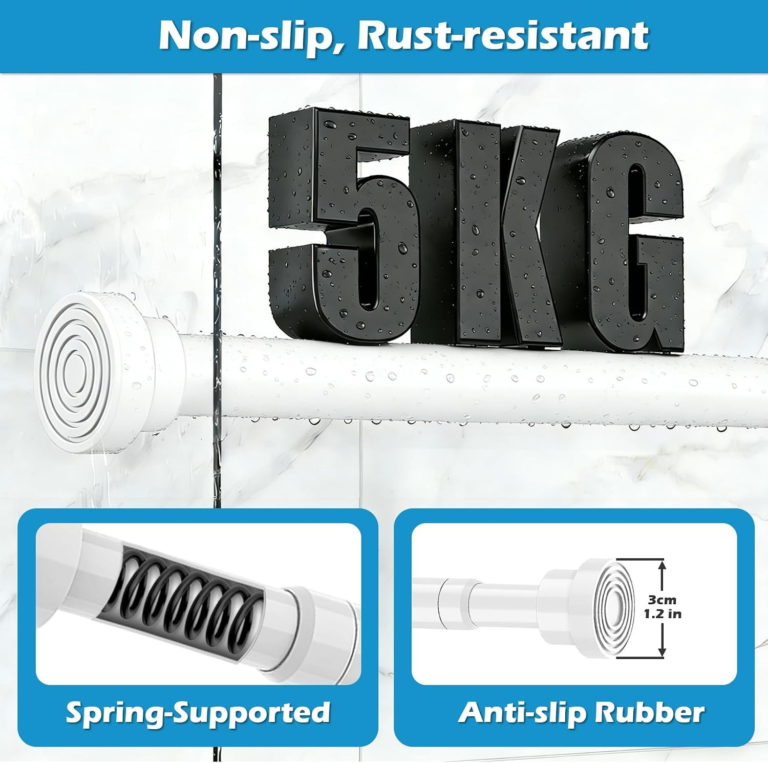Spring Curtain Rod 33 to 56 Inch Adjustable White Curtain Rod No Drilling