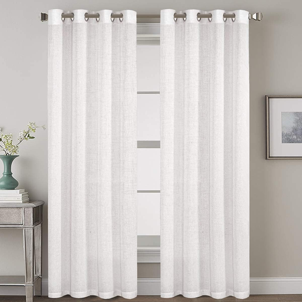 Off White & Dark Teal 100% Blackout Linen Curtain Panels, 2 Pack, 52″x84