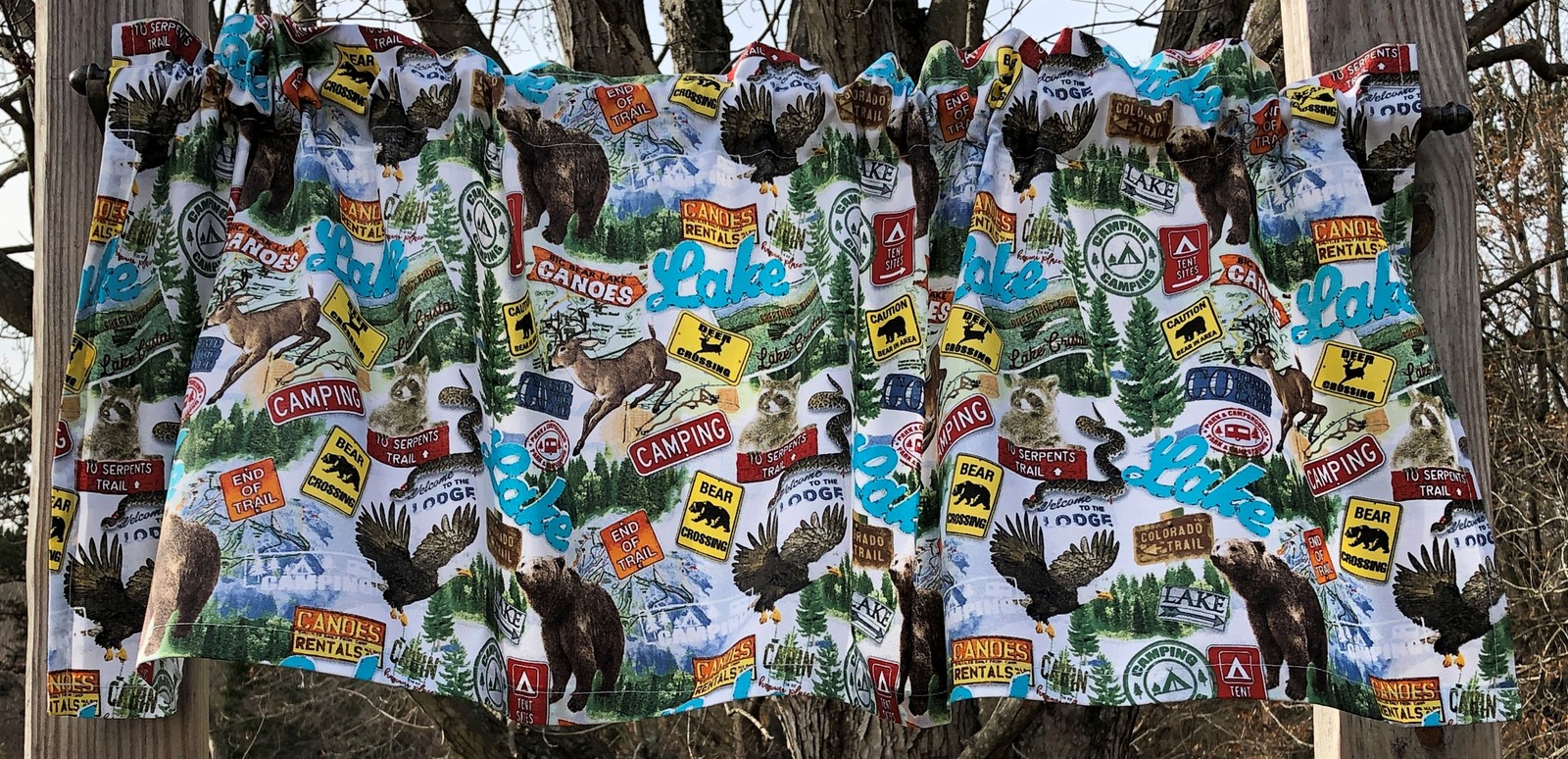 Camping Wilderness Valance – Bear Moose Eagle Lake Sign Print – Outdoor