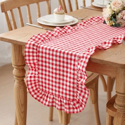1 Pcs Plaid Gingham Ruffle Table Runner 118 x 13.8” 118 x 13.8 Inch Red