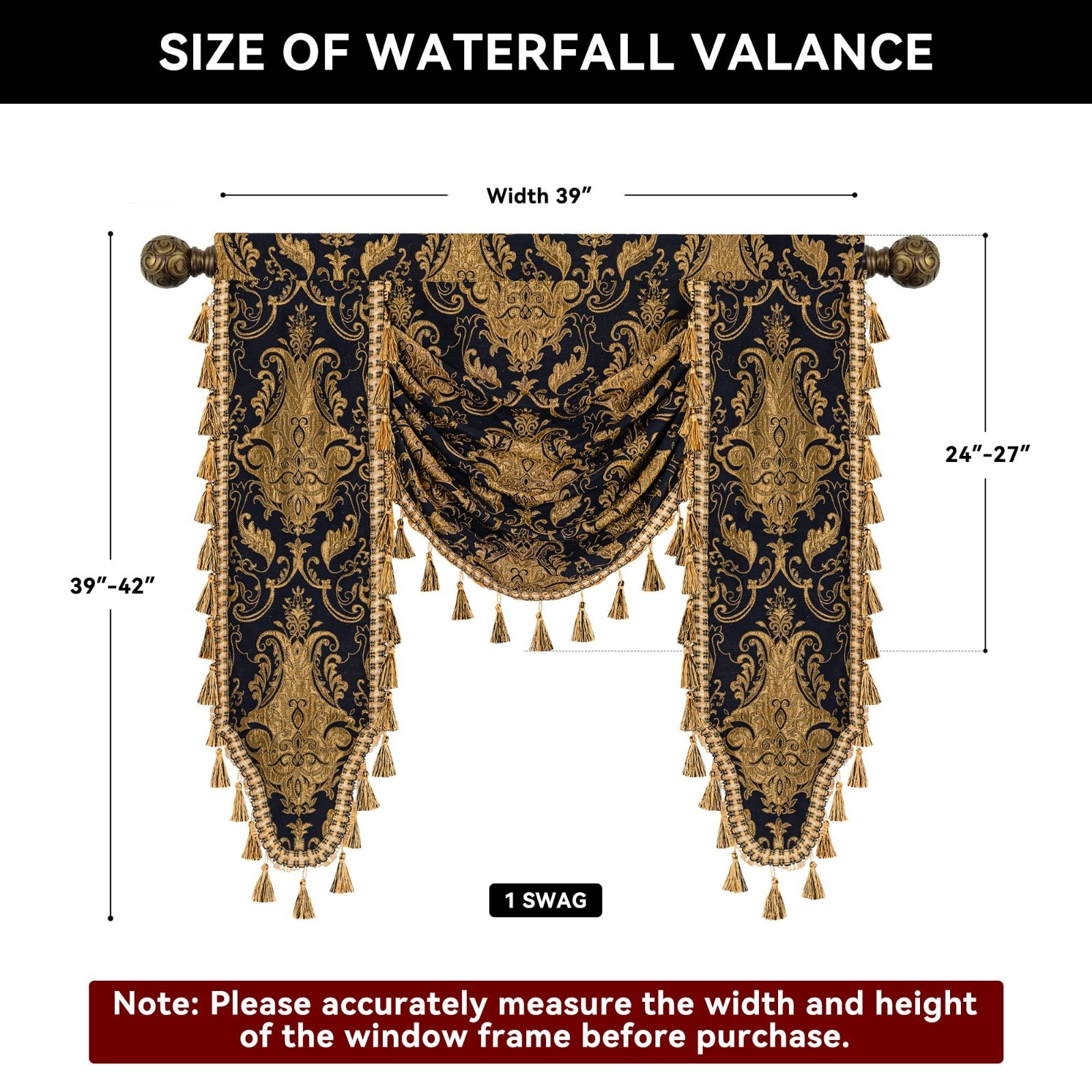 Luxury Damask Waterfall Valance Curtains, Black Gold, Elegant Home Decor, W39