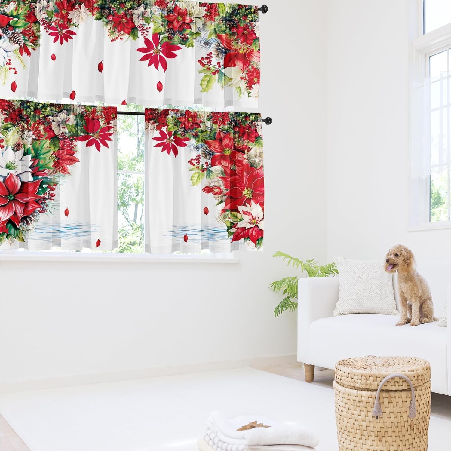 Christmas Poinsettia Curtain Valances 3 Piece Set Upper Curtain 52” Lx18”