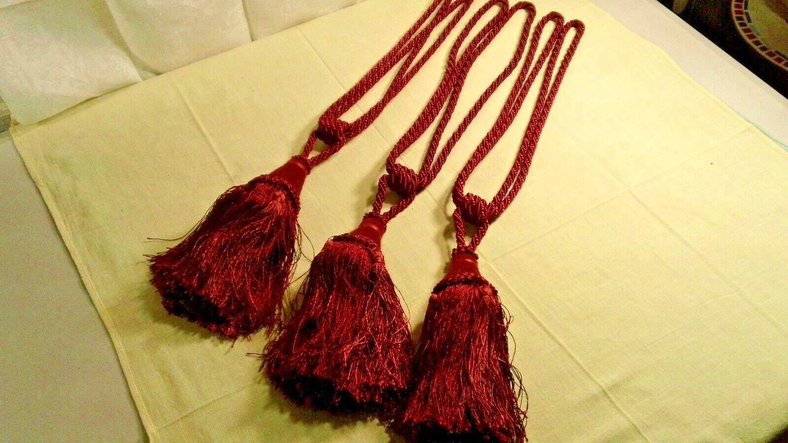 Set of 3 Tassle Cord Long Curtain Tiebacks Dark Maroon Red
