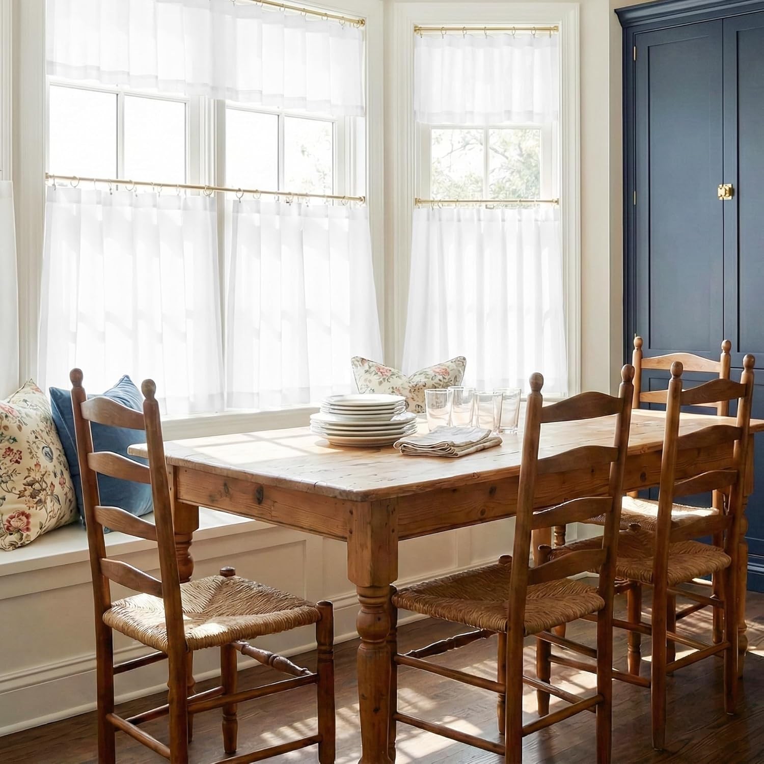 Light Filtering White Kitchen Curtains 30 inches Long 2 Panels, Privacy Non-See