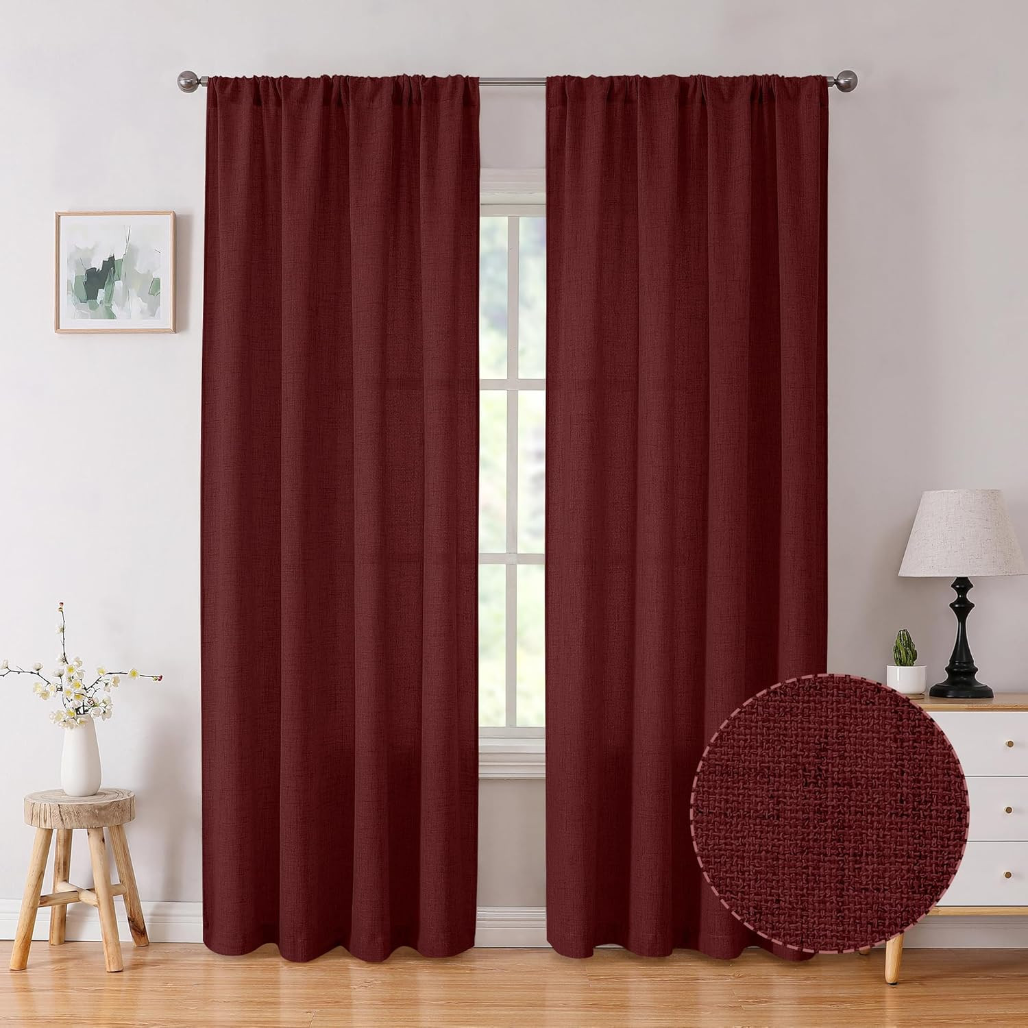 Linen Curtain Bedroom Rod Pocket Semi Sheer Curtains Burlap Light Filtering Thic