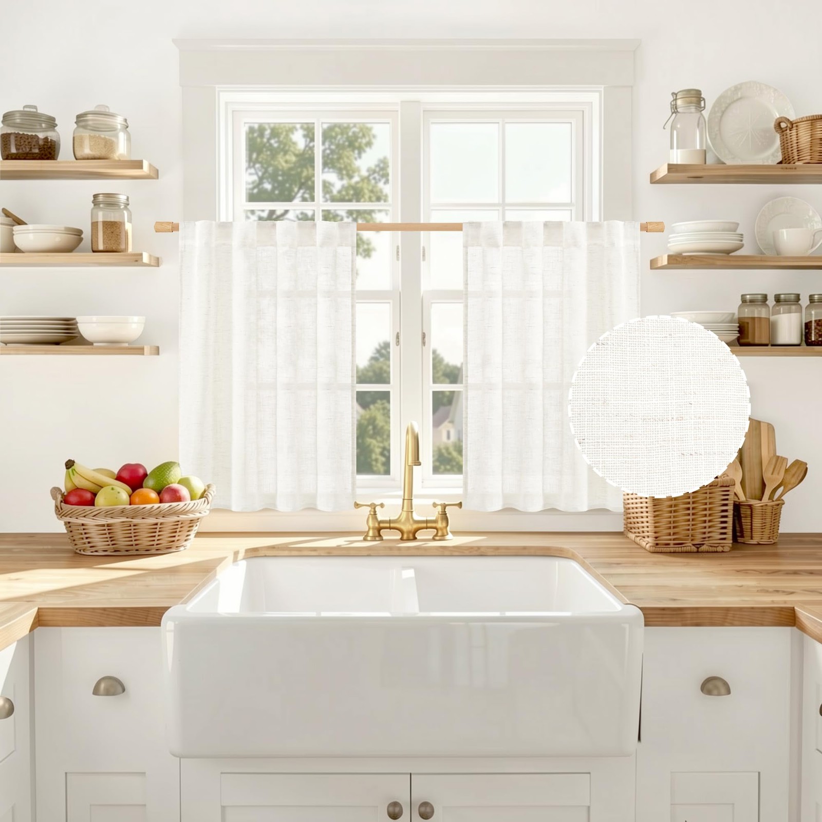 LAMIT Short Linen Cafe Kitchen Curtains 30 Inch Length, Natural Ivory Cream S…