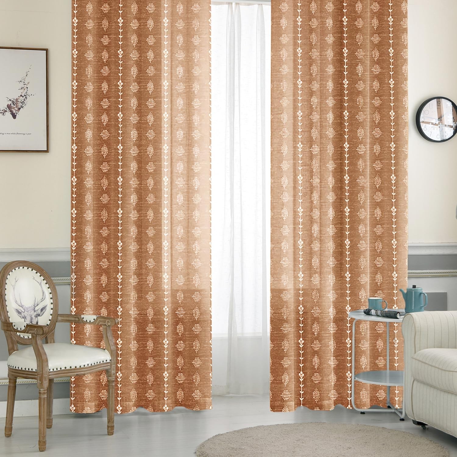 ENJOYBRIDAL Burnt Orange 63 Inch Long 2 Panels Boho Floral Drapes