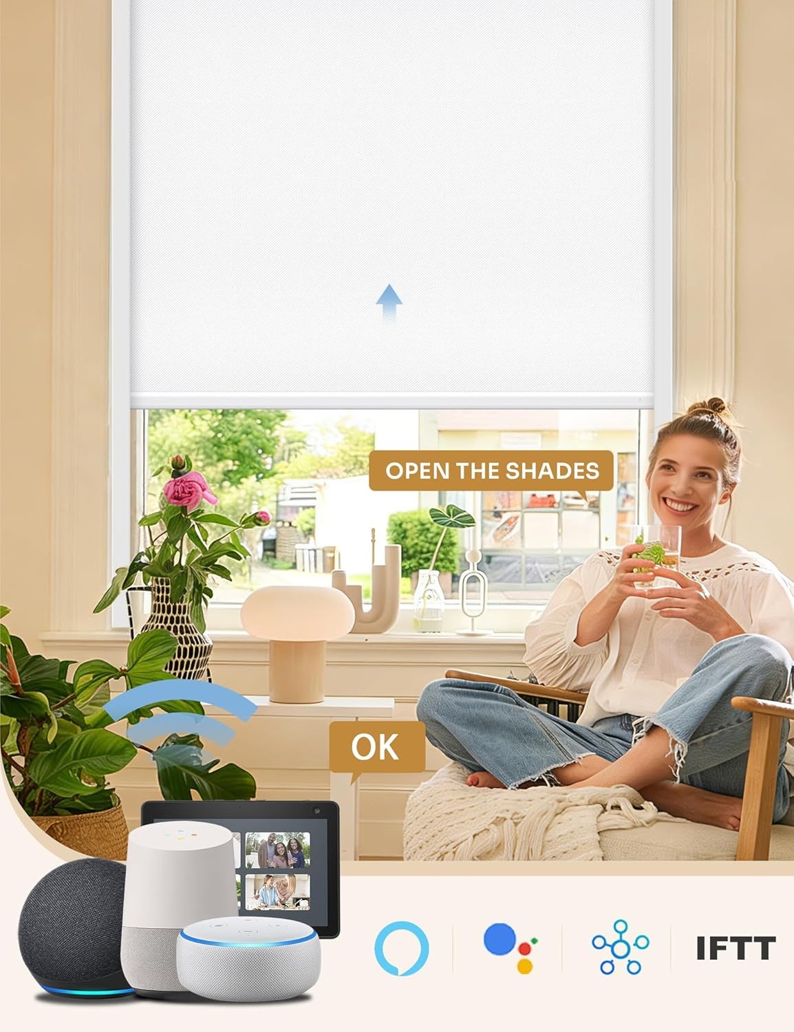 No-Drill No Tools Motorized Blinds with Remote | 34.5×72 White | Electric