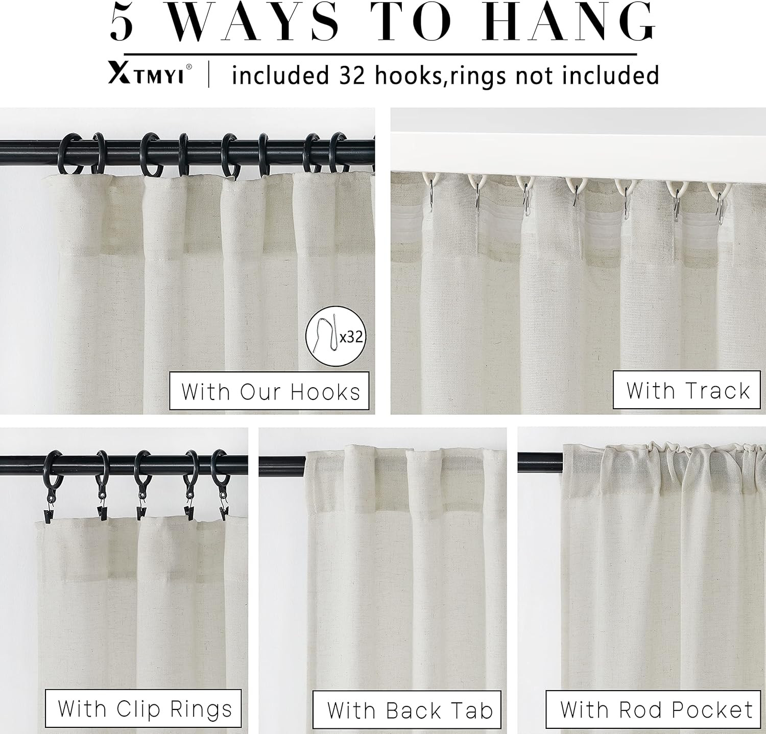 120″ Linen Curtains, Light Filtering Semi Sheer Drapes, 2 Panels, Cream