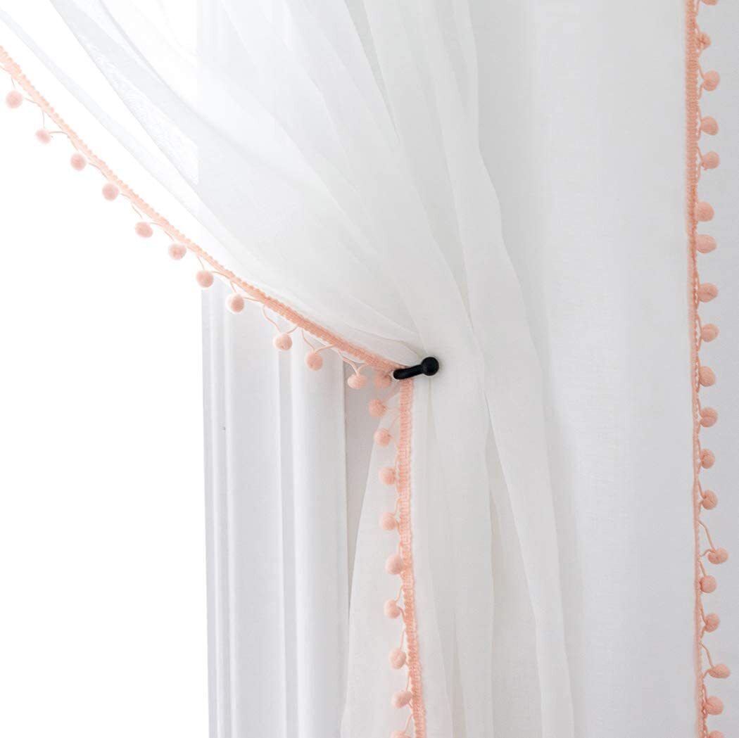 Set 2 Sheer White Pink Pom Pom Trim Curtains Panels Drapes 63 72 84 95 108 in L