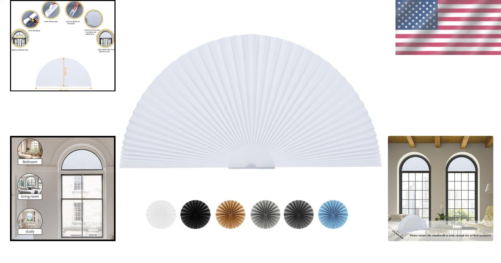 Arch Window Shade 12 Inch Radius Half Circle Non-Woven Stick On Light Filtering