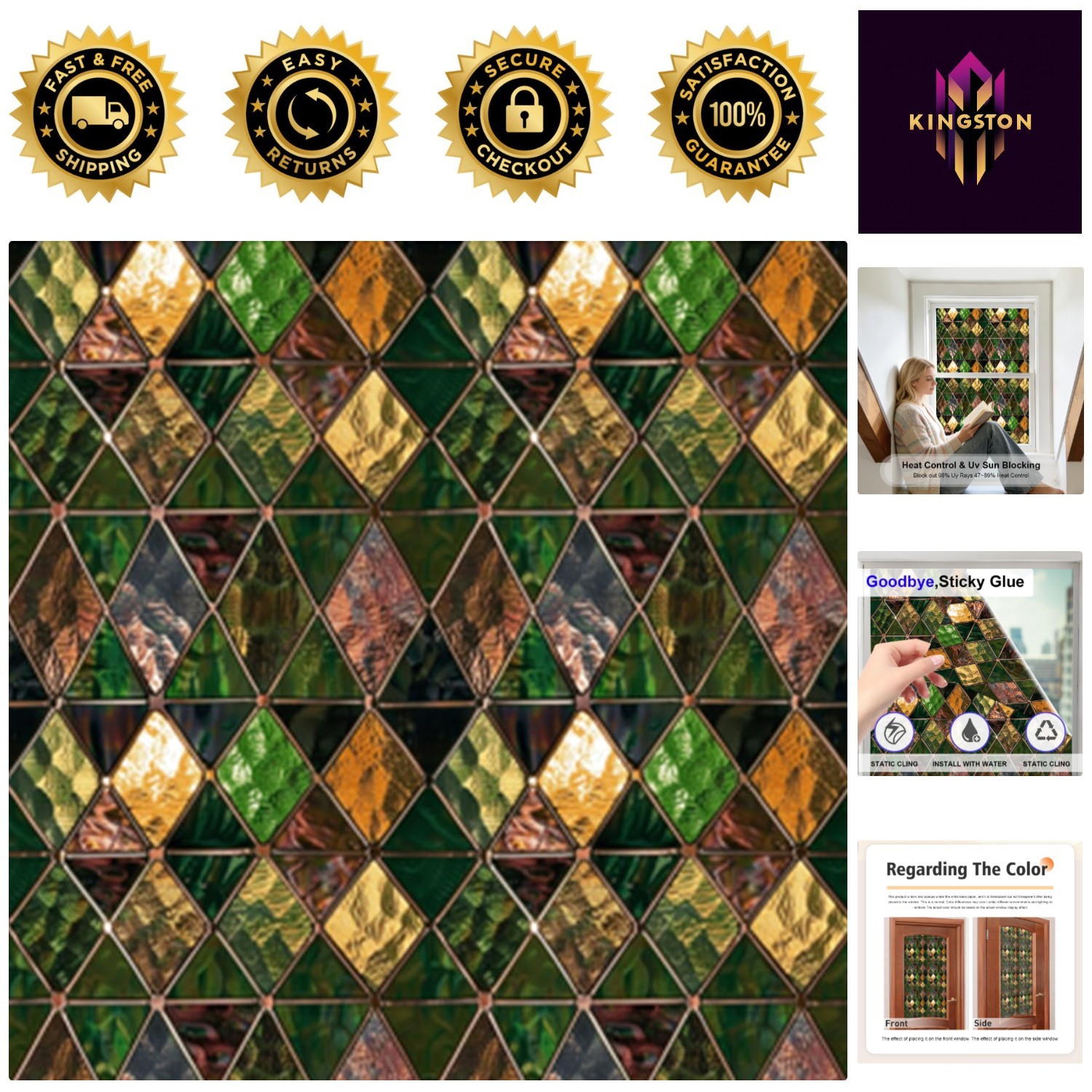 Non-Adhesive Stained Glass Window Film – UV Blocking & Easy Install, 16.9 x 39.4