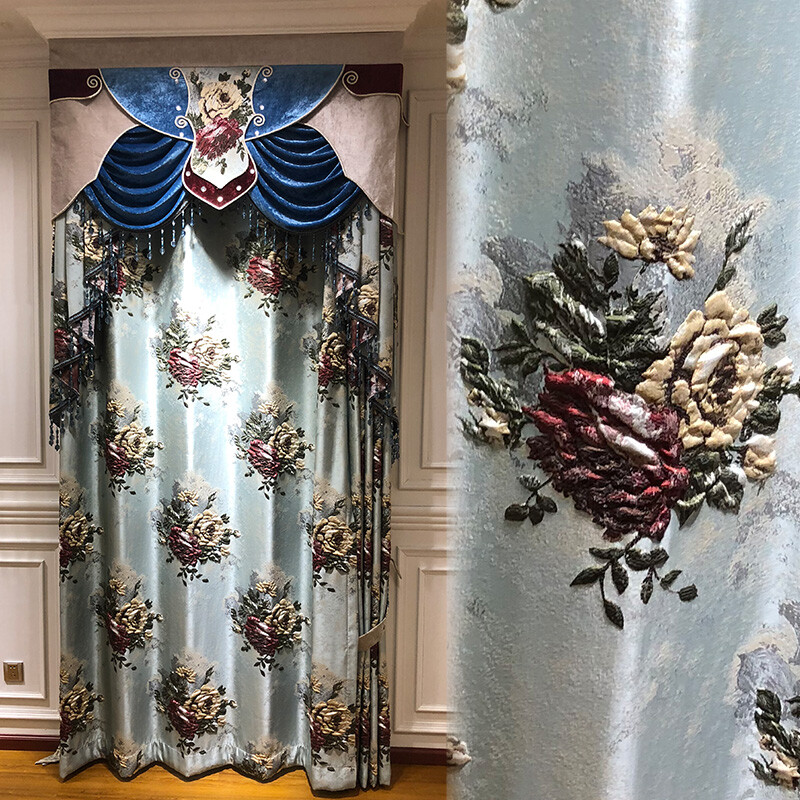 luxury Pastoral European relief Embroidery blue valance curtain tulle M1647*