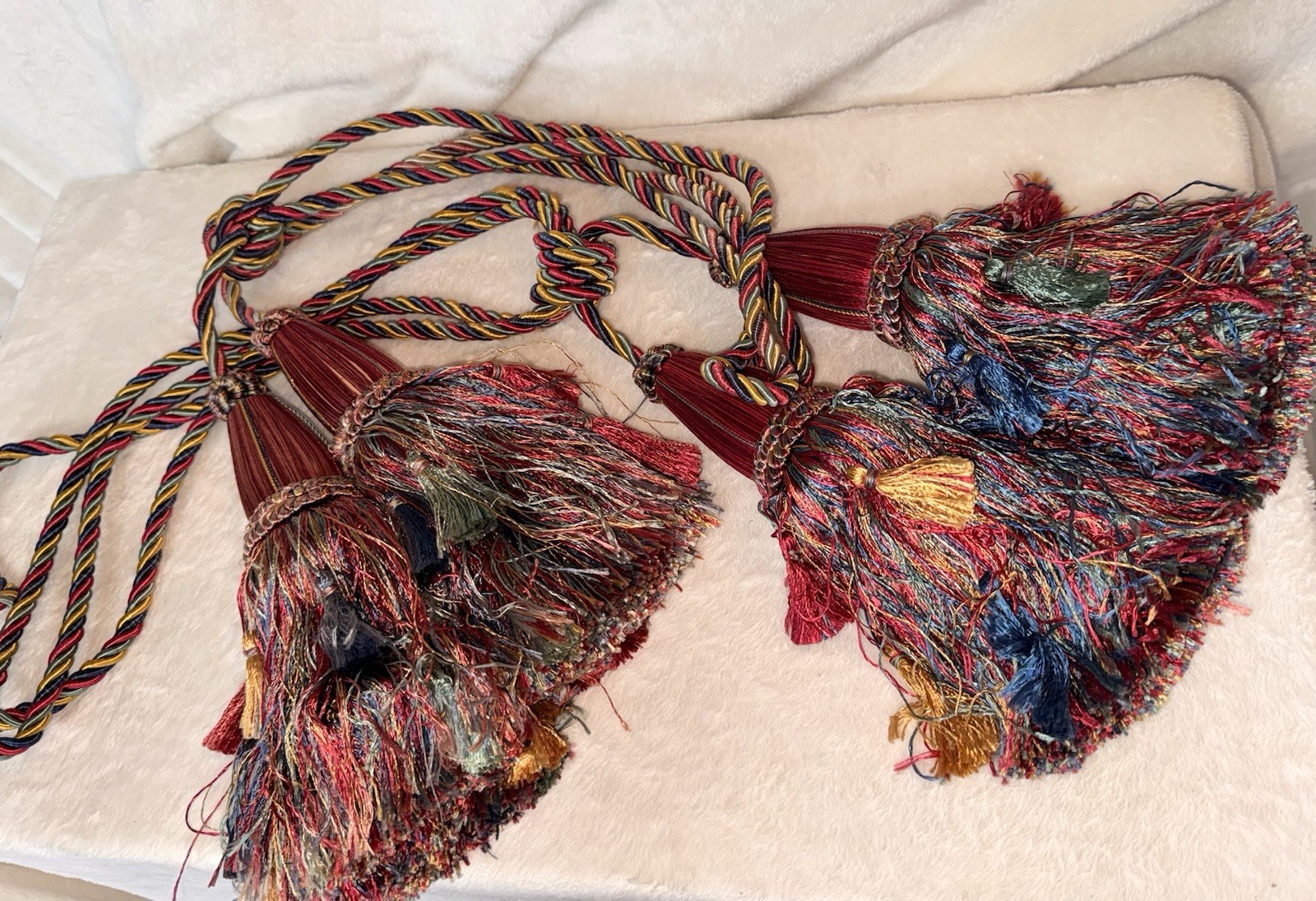 Set 2 – Vintage 10” DOUBLE TASSEL Drapery Tiebacks, 29” L, RED BLUE GREEN GOLD