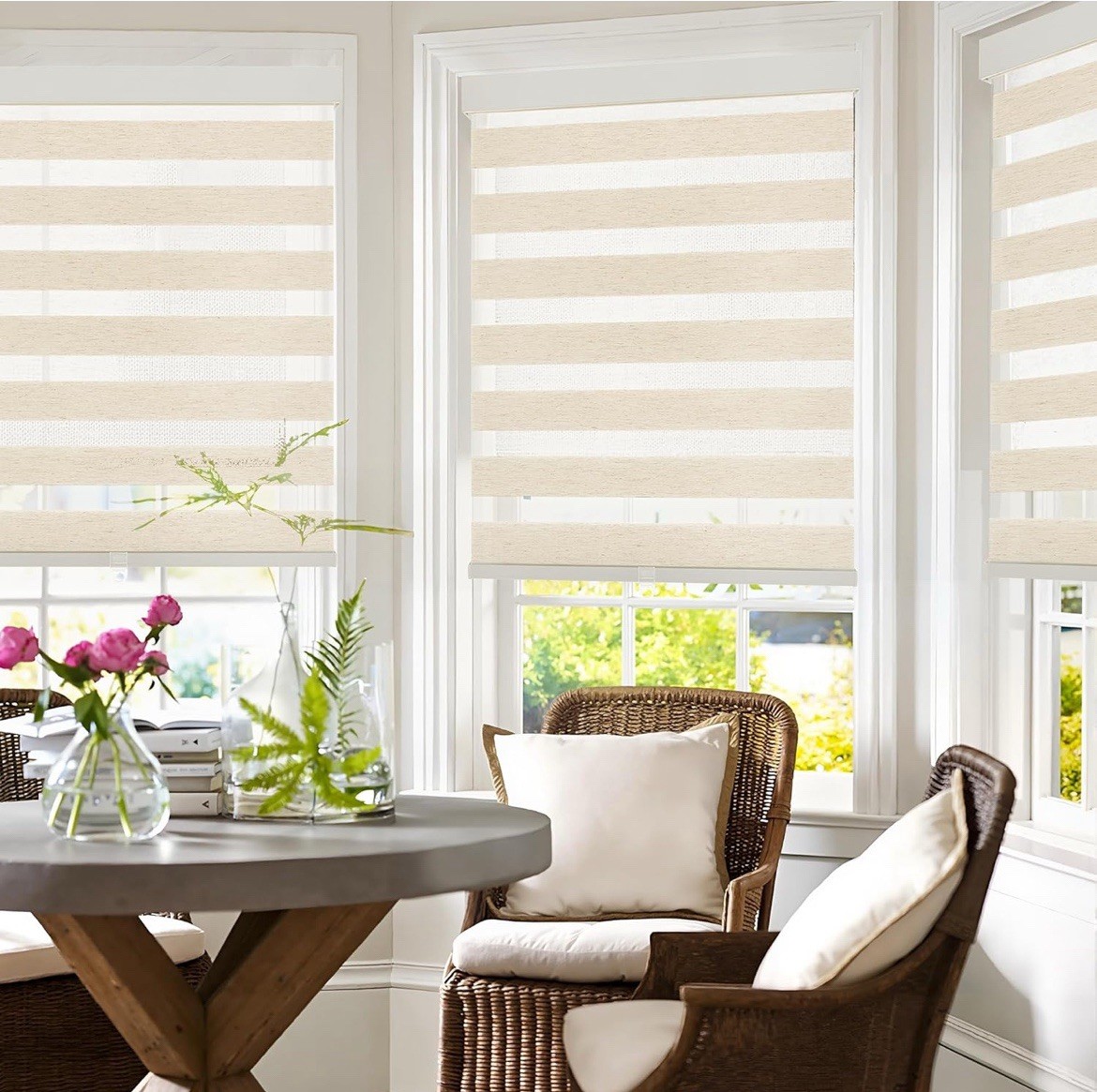 Cordless Zebra Blinds for Windows Flaxen Zebra Shades Light-Filtering Dual La…