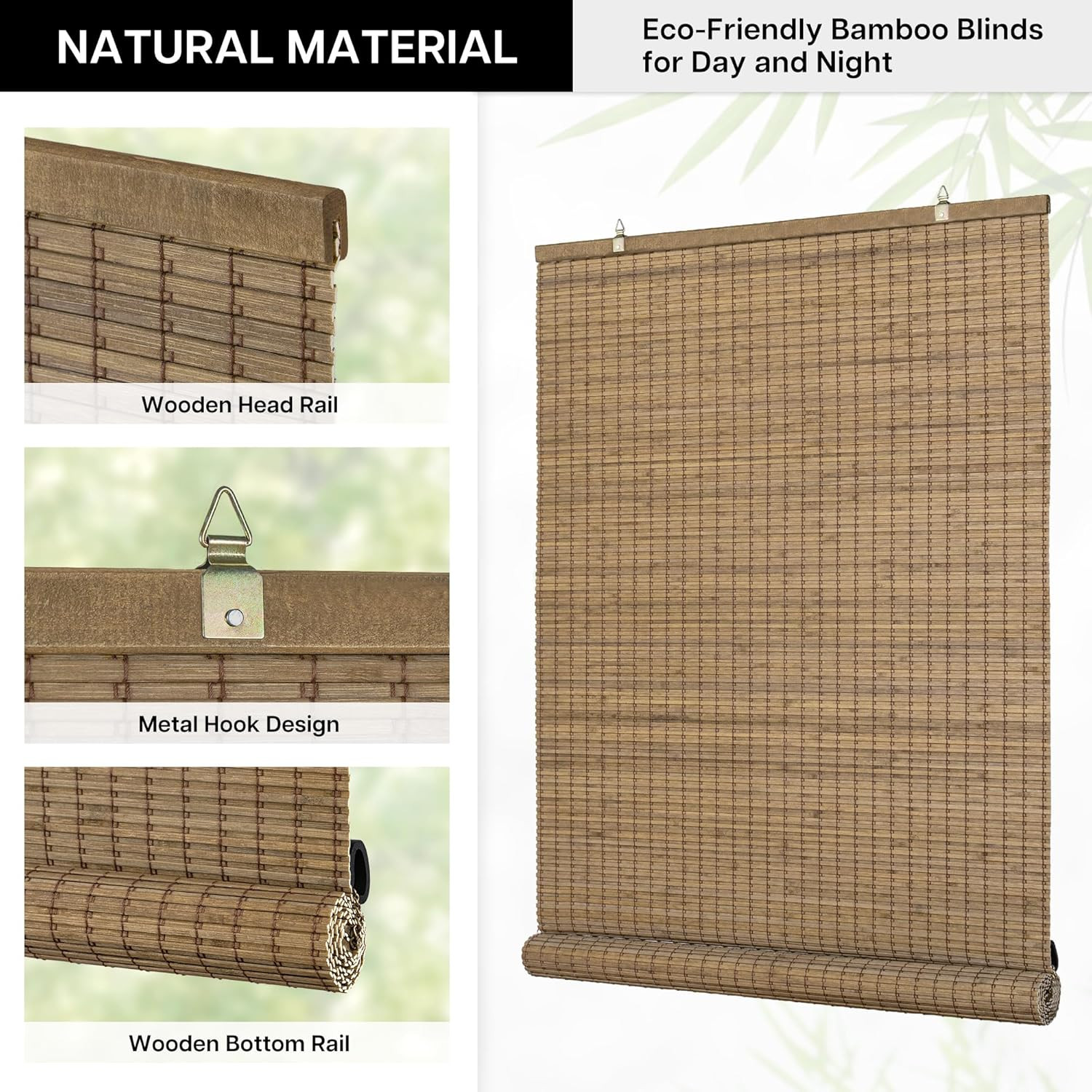 Cordless Bamboo Roll-Up Blinds for Indoor/Outdoor, 35″ W x 64″ H, Highfield Teak