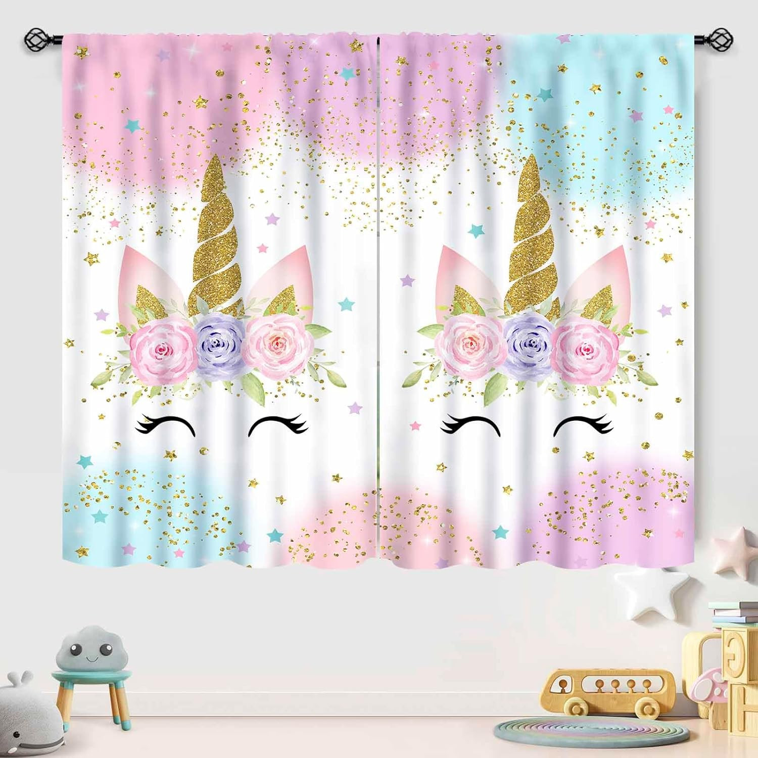 Unicorn Curtains for Girls Bedroom,Pink Fantasy Rainbow Unicorn Windows Treatme