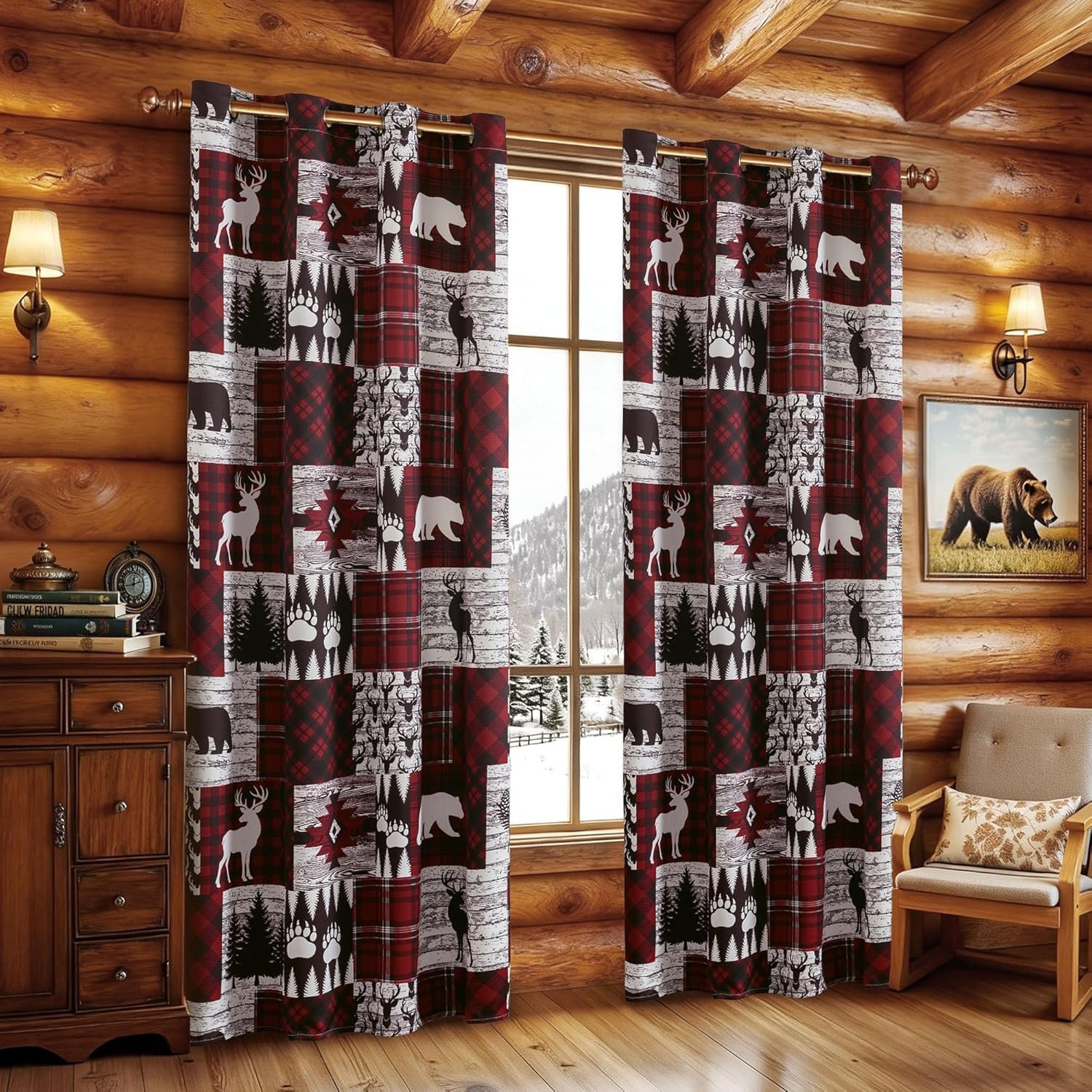 Red Rustic Cabin Curtains 2 Panels Country Style Curtain 50% Light Blocking