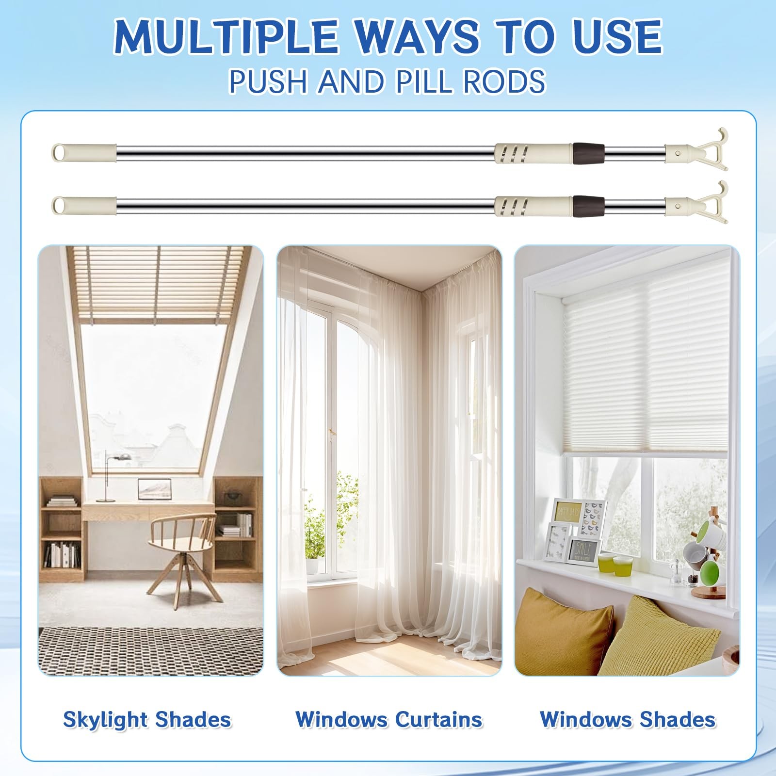 2Pcs Telescoping Skylight Rod Pole with Hook 46-80Inch Wand for Blinds Shutte…