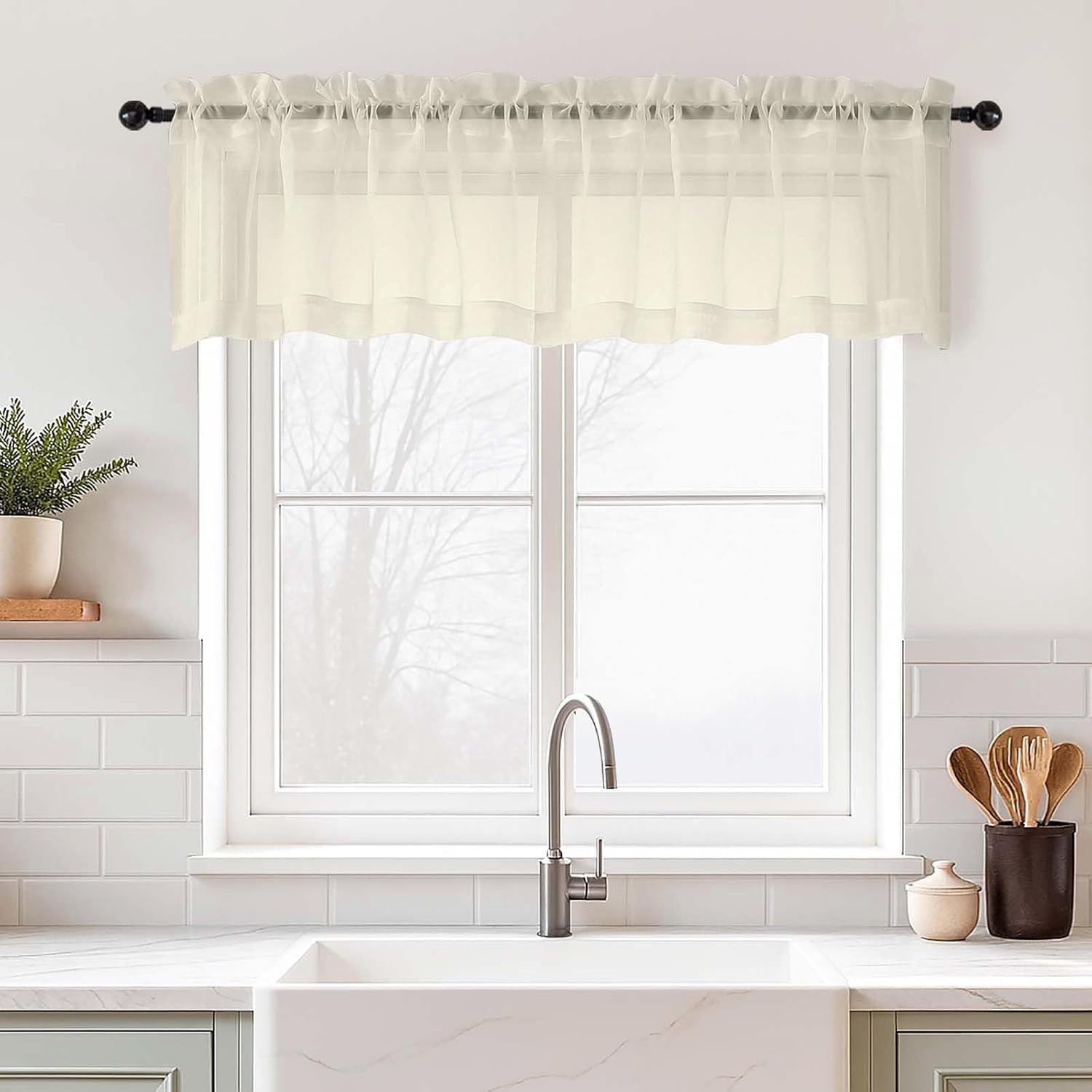 Cream Valances for Windows 14 Inch Length 2 Panels Set, Small Voile Sheer Curtai